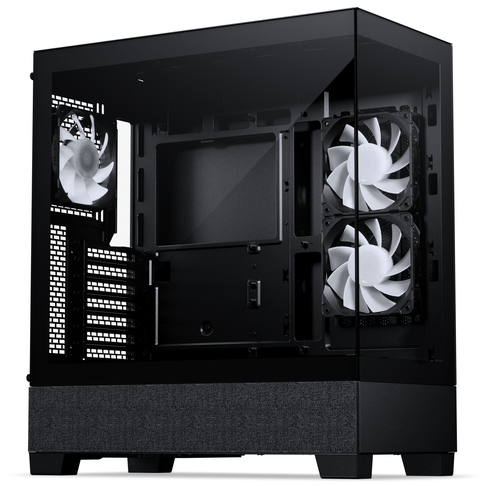 Schwarzes PC-Gehäuse mit Glasfenstern, drei Lüftern und Stofffront.