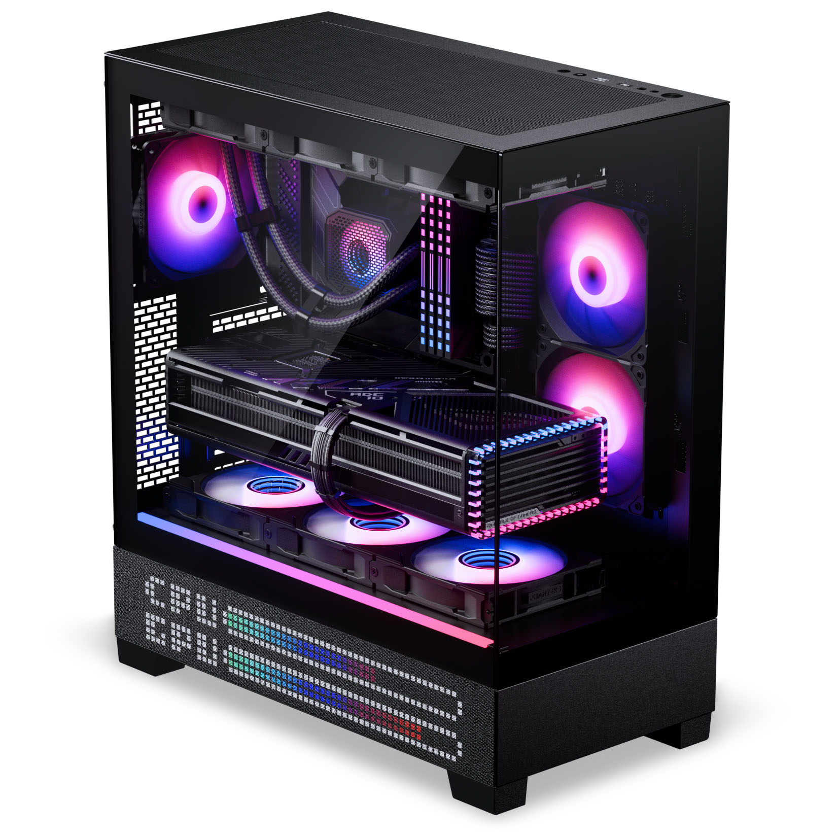 Ein schwarzes PC-Gehäuse mit RGB-Beleuchtung an Lüftern und Komponenten.