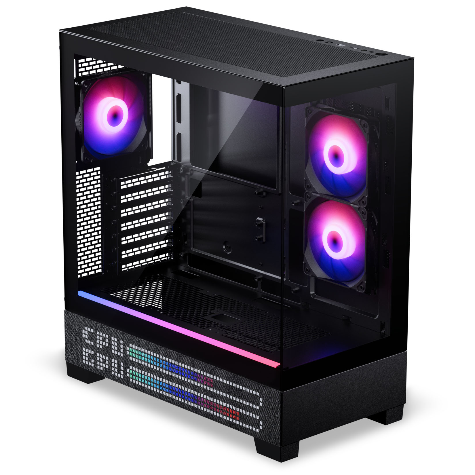 Schwarzes PC-Gehäuse mit Glasfront, RGB-Lüftern und LED-Beleuchtung.