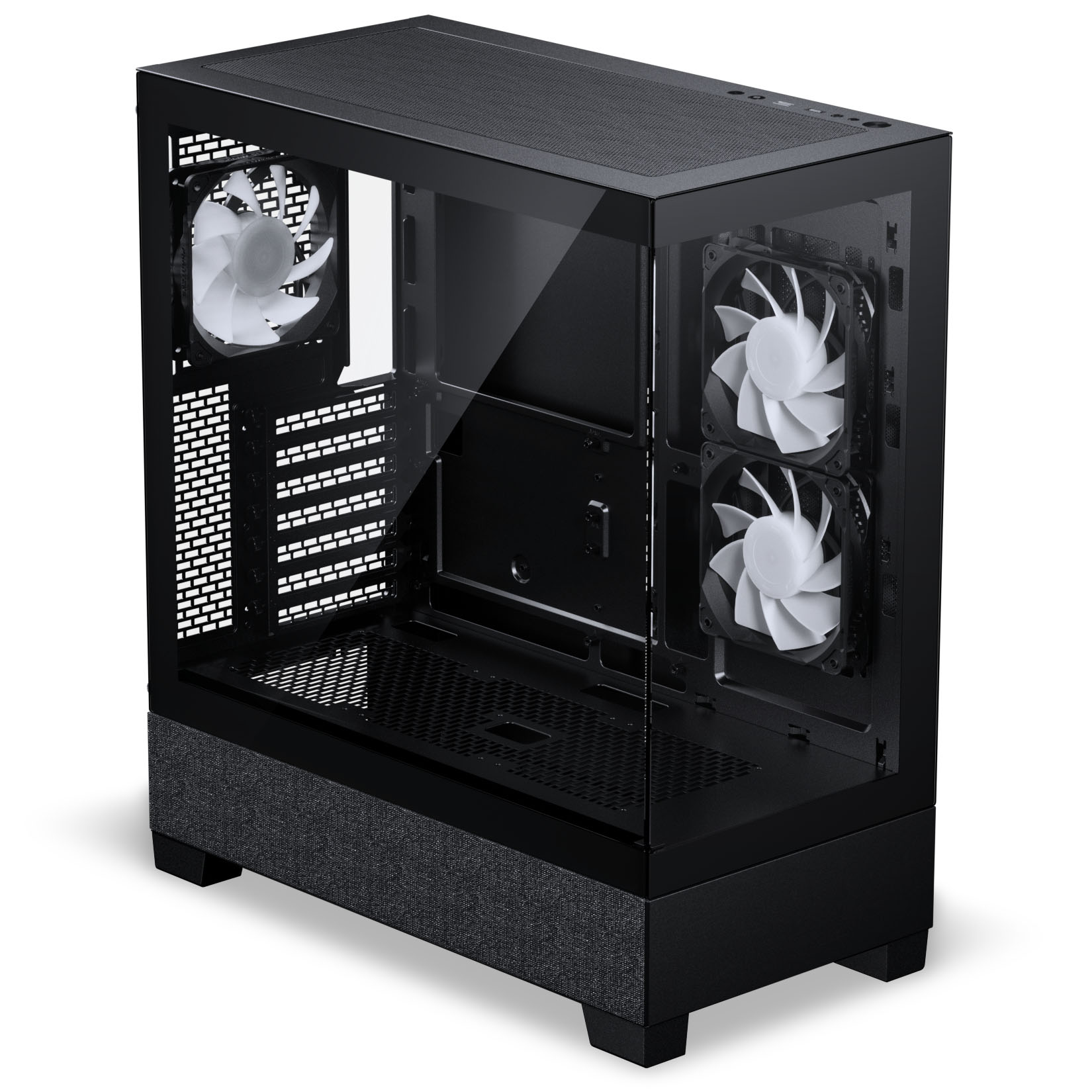 Schwarzes PC-Gehäuse mit Glasfenstern und weißen Lüftern.