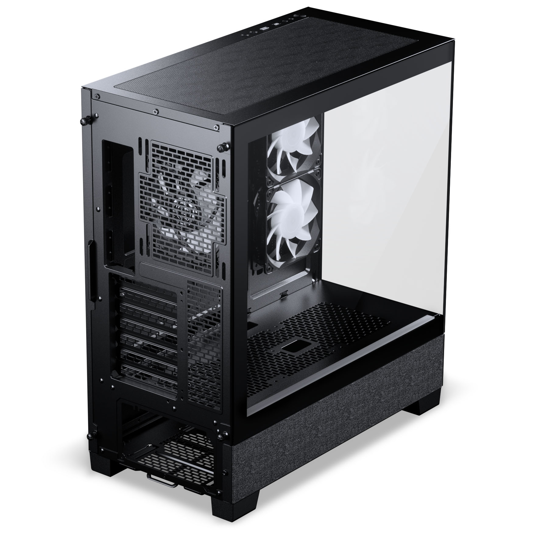 Schwarzes Computergehäuse mit Glasfront und Lüftern.