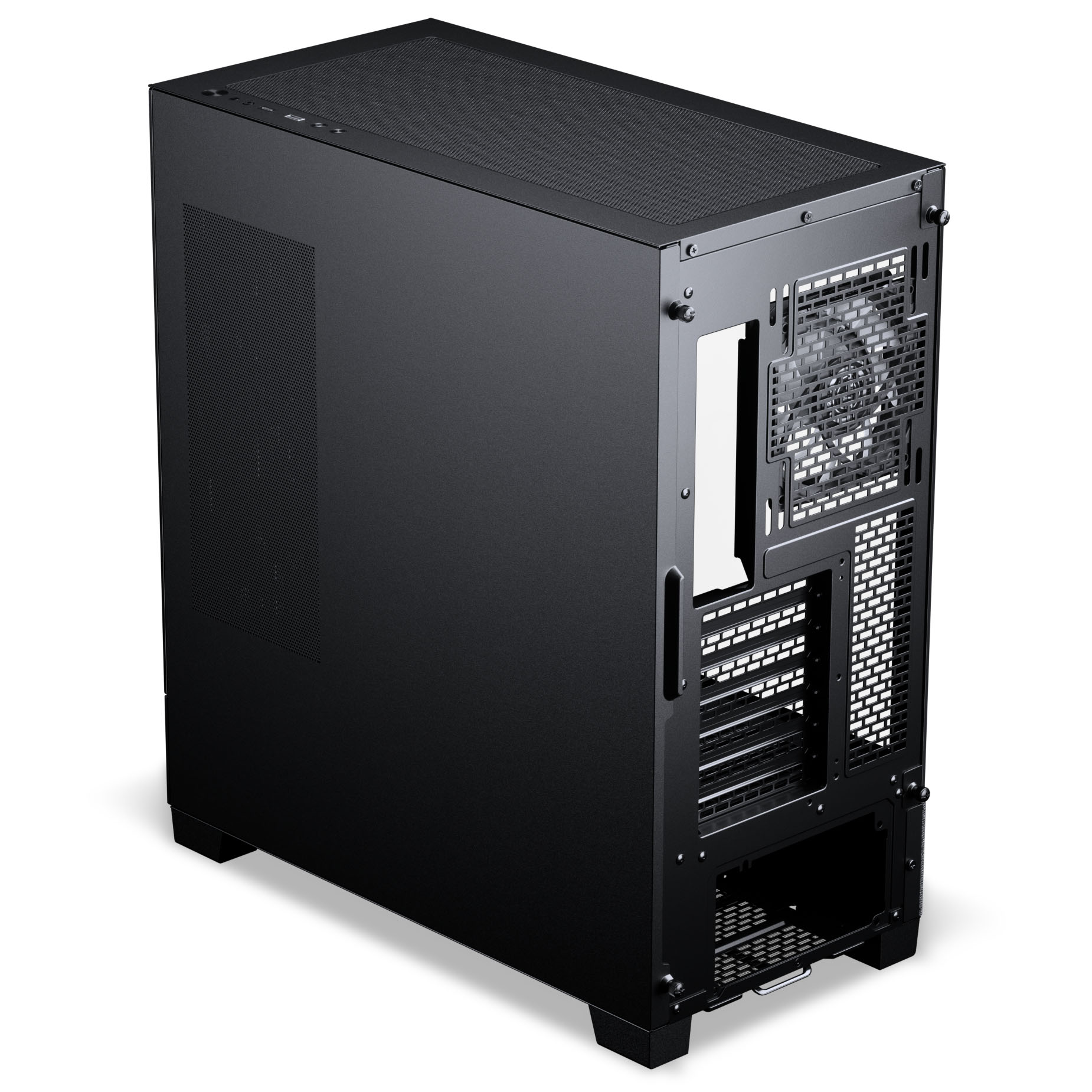 Schwarzes Computergehäuse mit Netzteil-Abdeckung und Lüftergitter auf der Rückseite.
