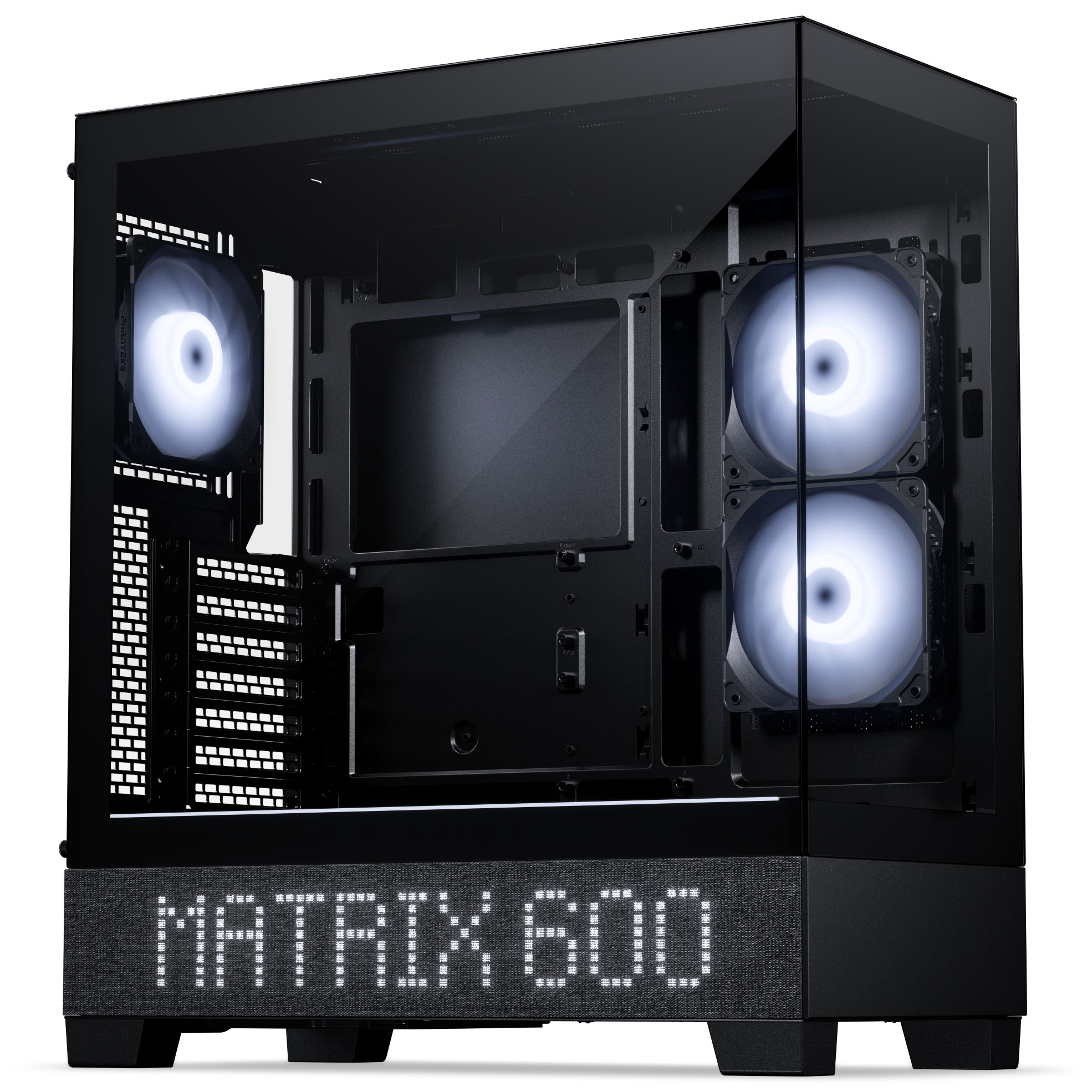 Schwarzes PC-Gehäuse mit Glasfront, beleuchteten Lüftern und 