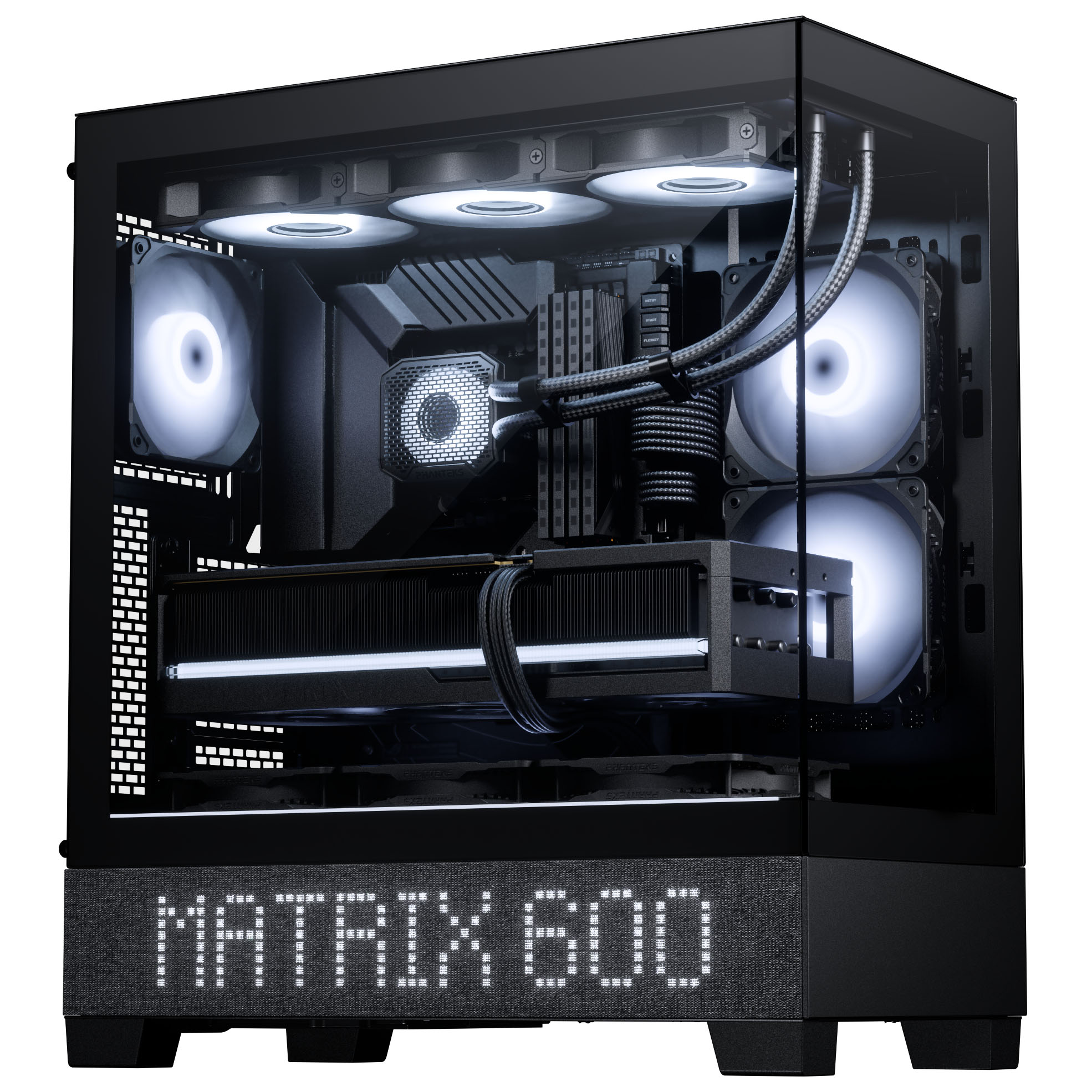 Ein schwarzes PC-Gehäuse mit Lichtern und Lüftern.