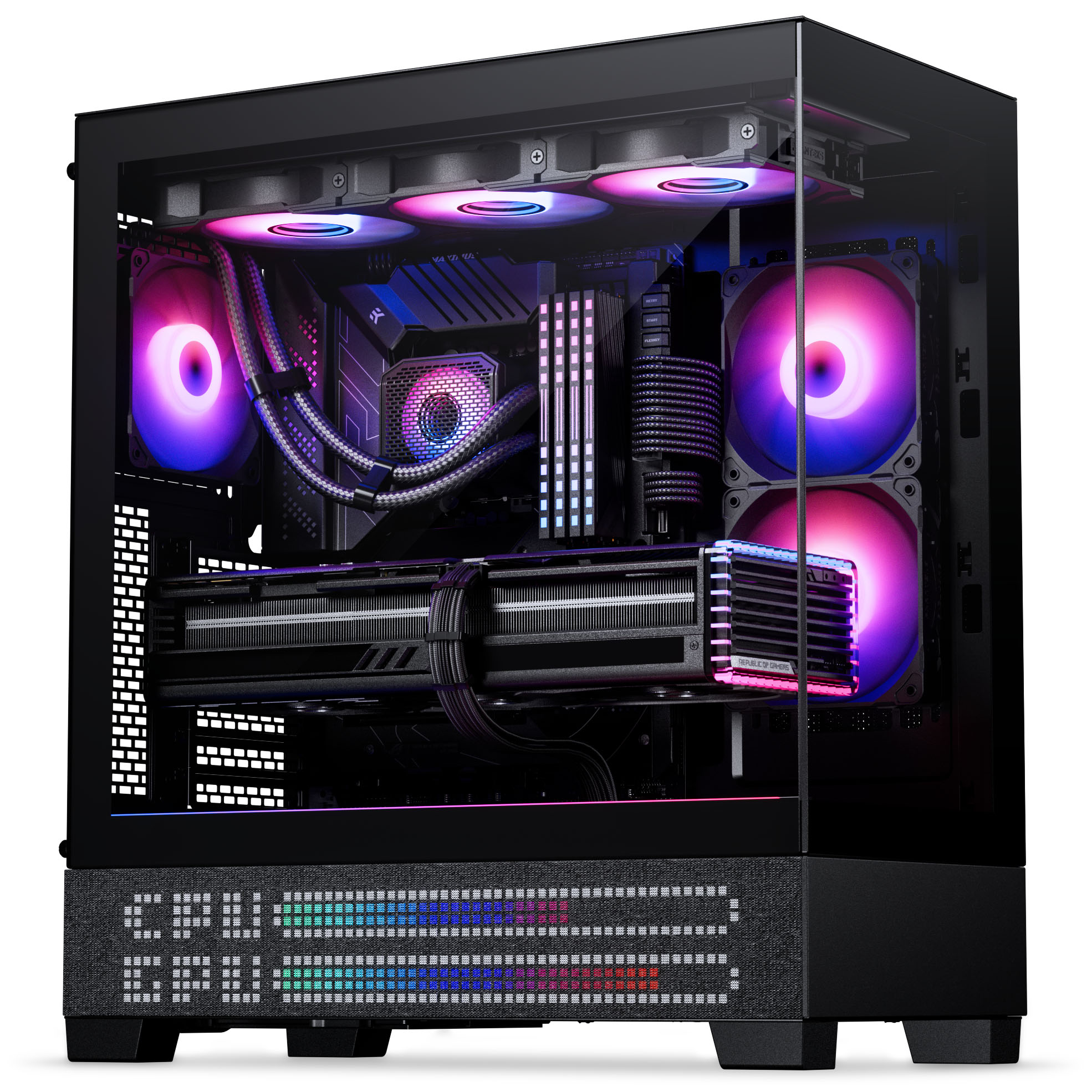 Ein PC-Gehäuse mit RGB-Lüftern, Grafikkarte und Wasserkühlung. CPU-Anzeige.