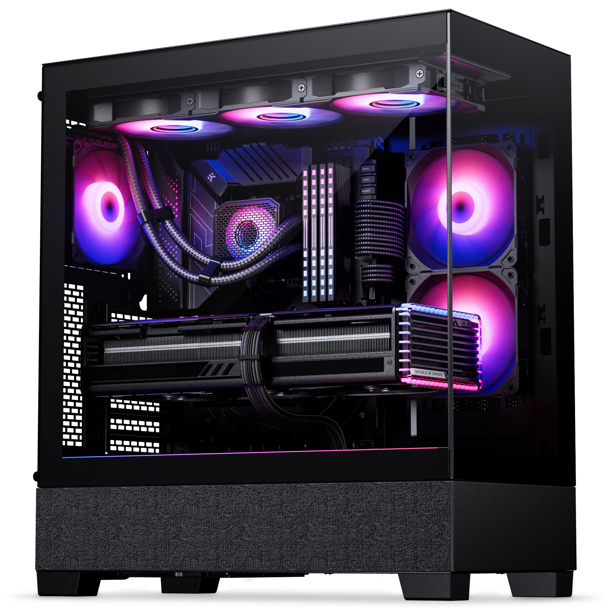 Ein schwarzer Computerturm mit RGB-Beleuchtung, Glasseitenteil zeigt Komponenten.