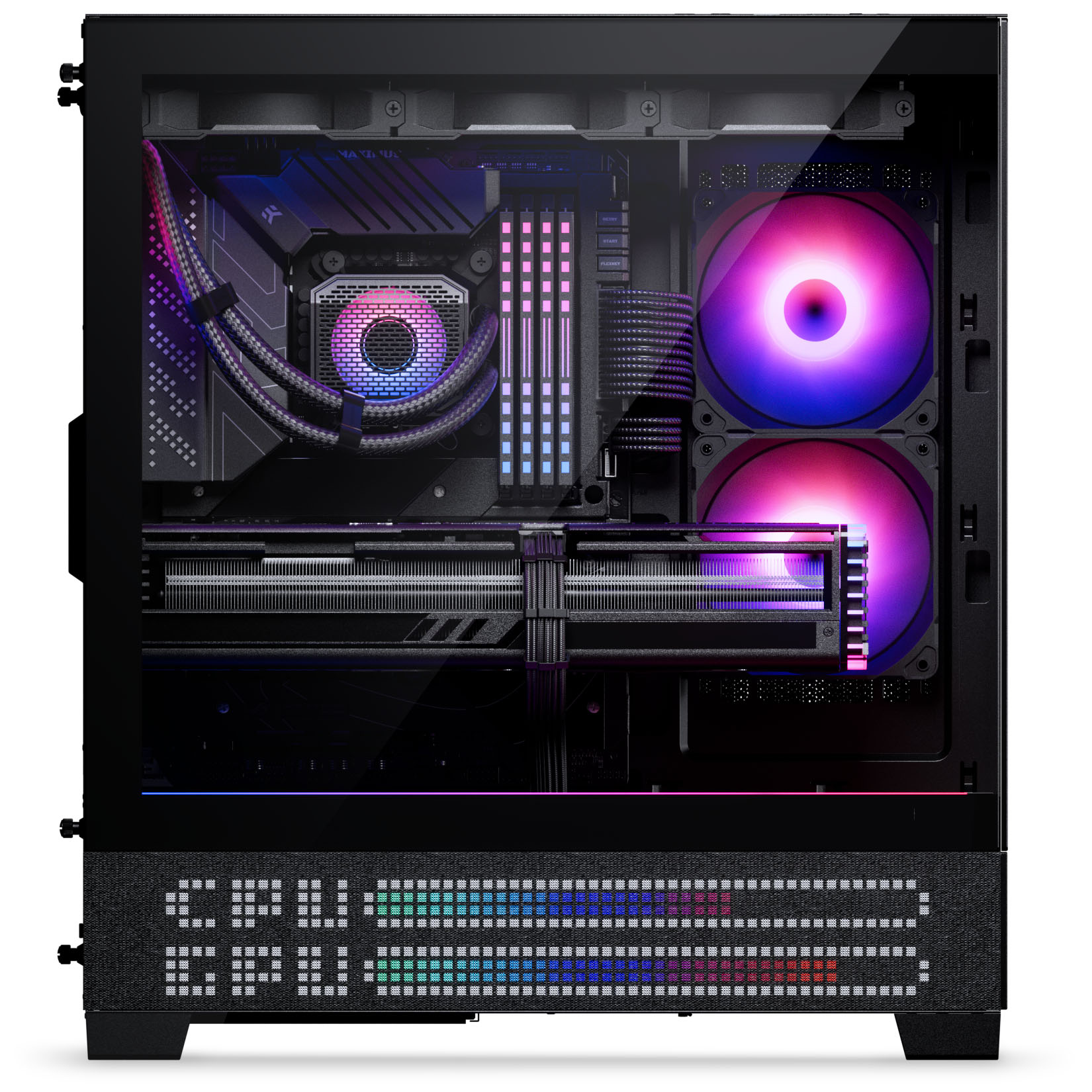 Ein PC-Gehäuse mit RGB-Lüftern, CPU-Kühler und GPU. Die Vorderseite zeigt "CPU" in Lichtern.