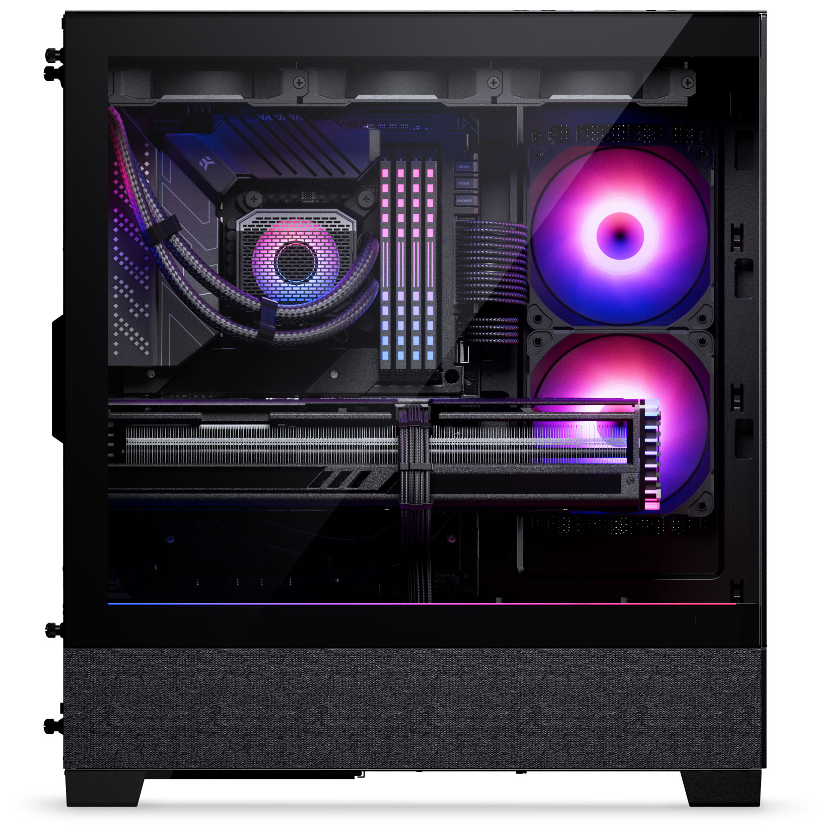 Ein offener PC-Tower mit beleuchteten Lüftern und Komponenten.