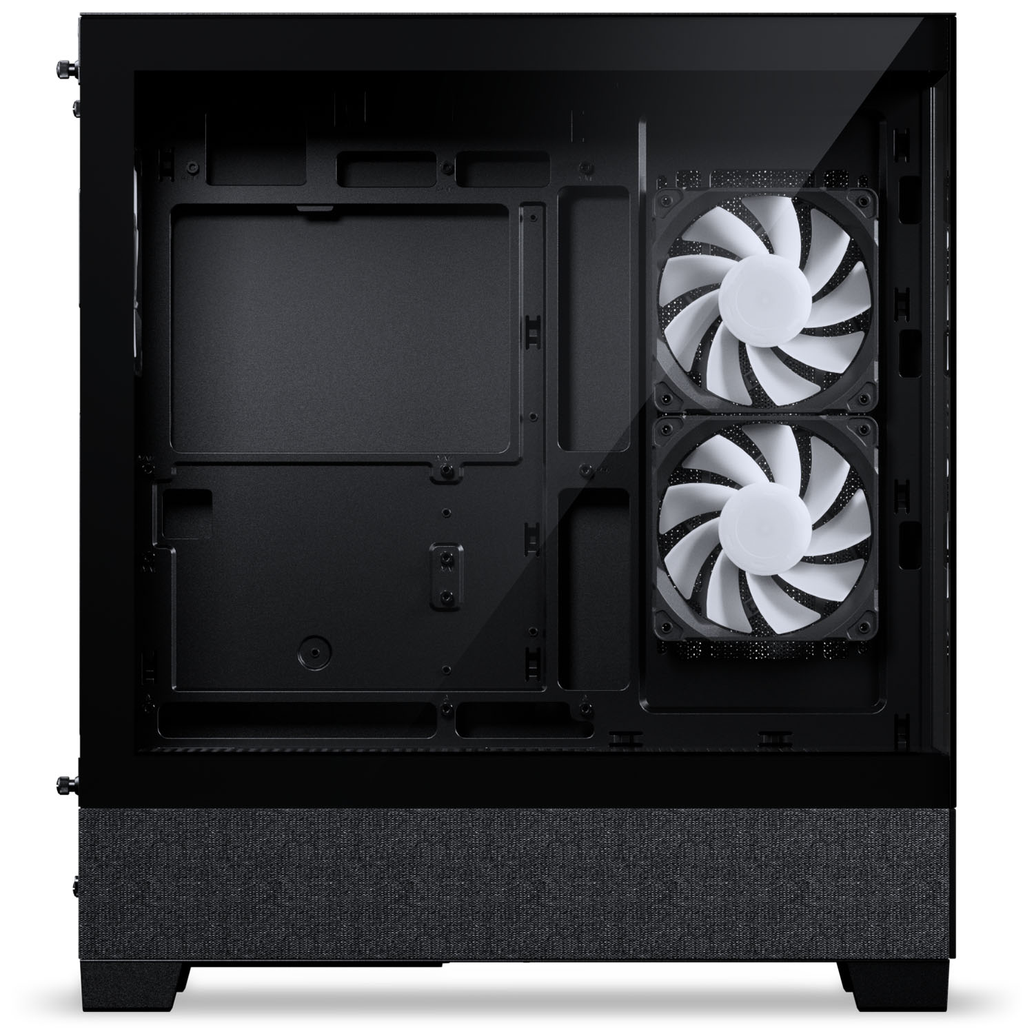 Ein schwarzes Computergehäuse mit zwei weißen Lüftern und Glasfront.