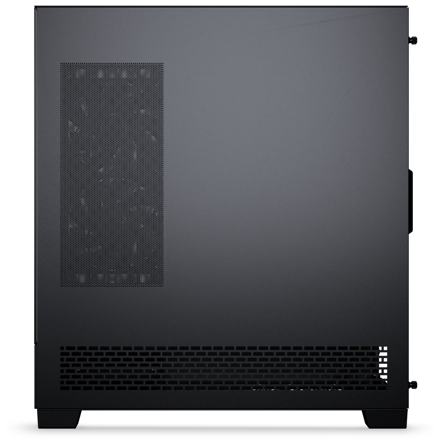 Schwarzes Computergehäuse mit Lüftungsgittern oben und unten.