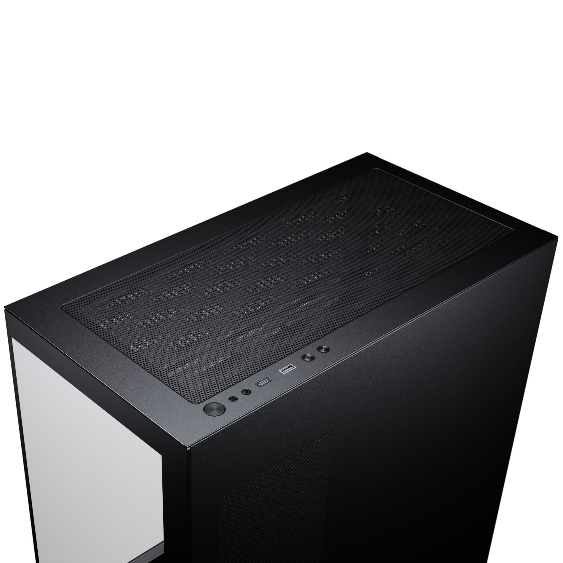 Schwarzes Computergehäuse mit Glasfront und perforiertem Deckel.