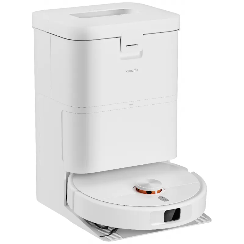 Fehér Xiaomi robotporszívó és töltőállomás. Elegáns, modern dizájn.