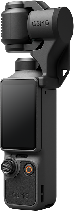 Szürke DJI Osmo Action gimbal képernyővel és joystickkal. A kamera felül van.