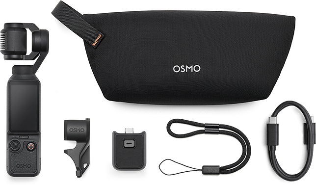 Fekete OSMO gimbal tartozékokkal: táska, tartó, adapter, csuklópánt, kábel.