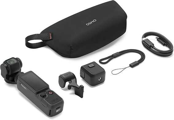 Osmo Pocket tartozékokkal: gimbal, tok, töltőkábel és csuklópánt.