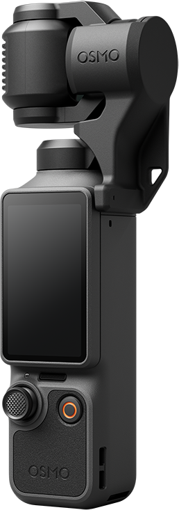 Egy fekete DJI Osmo Action 3 kamerás gimbal érintőképernyővel és kezelőszervekkel.