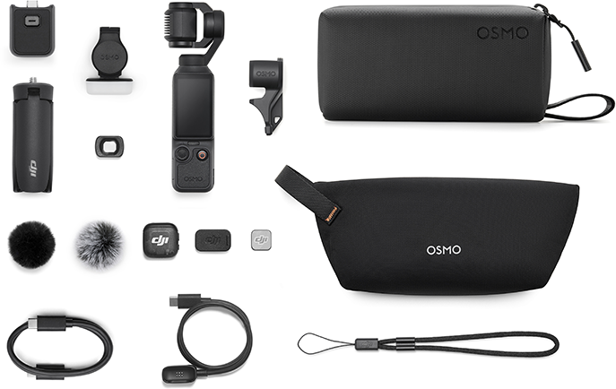 Fekete DJI Osmo tartozékok: gimbal, tokok, mikrofonok, kábelek, szíj.