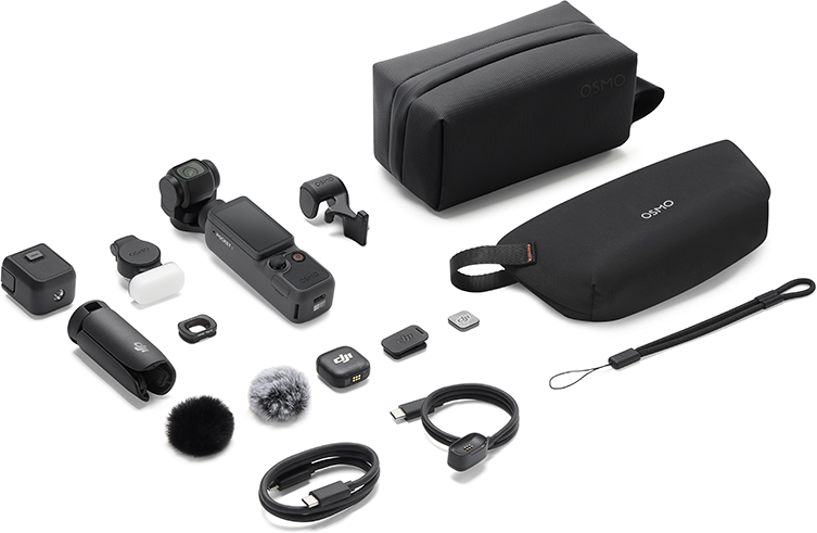 DJI Osmo Pocket 3 tartozékok: kamera, markolatok, szélfogó, kábelek és tokok.