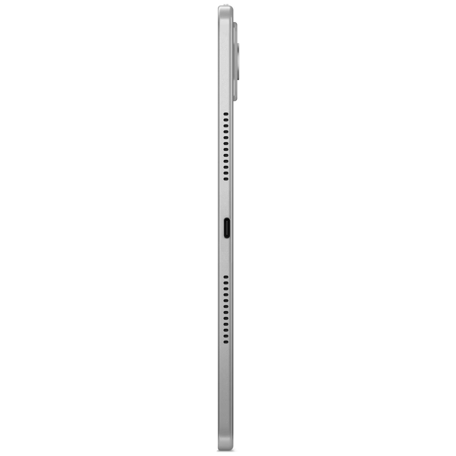 Een zilveren tablet van opzij gezien, met USB-C poort en luidsprekerroosters.
