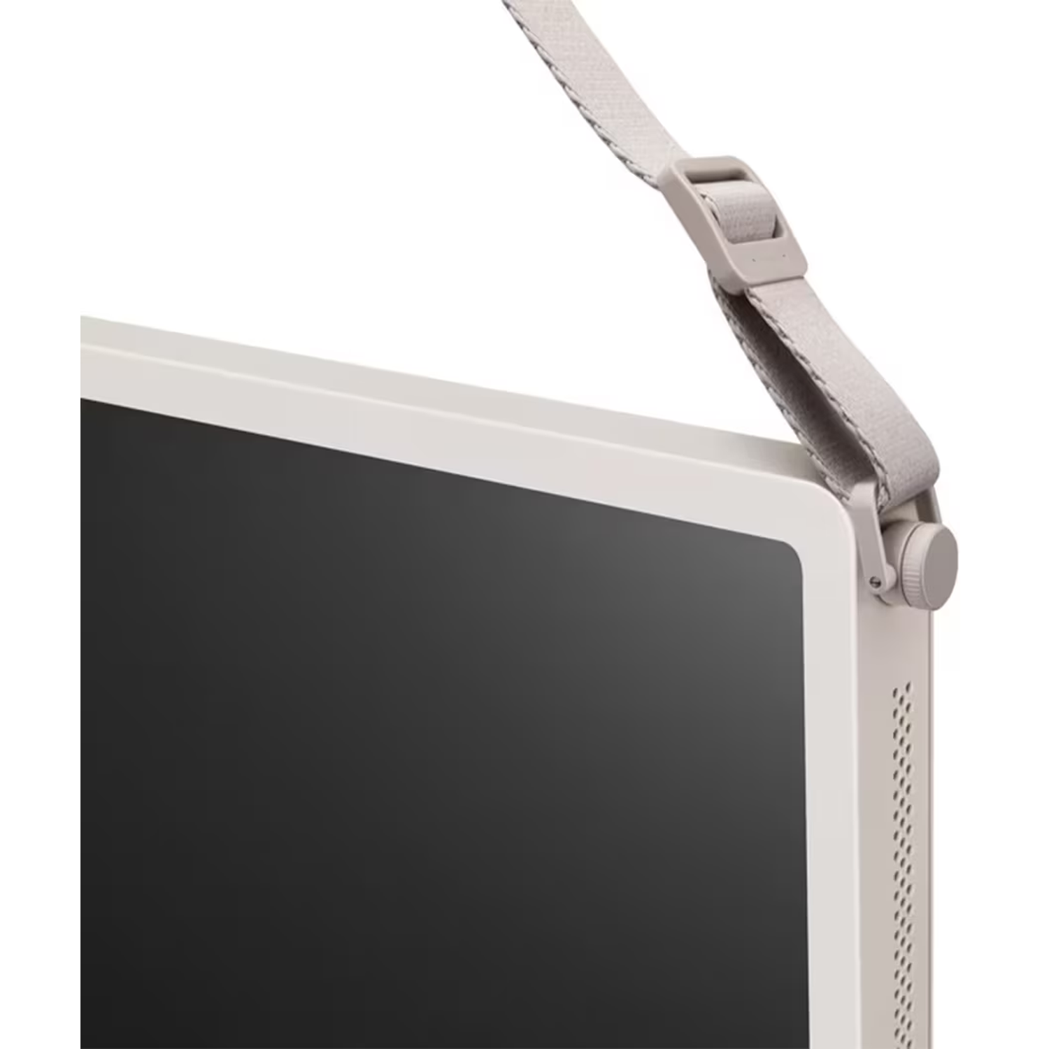 A white screen with a light grey strap attached to it.