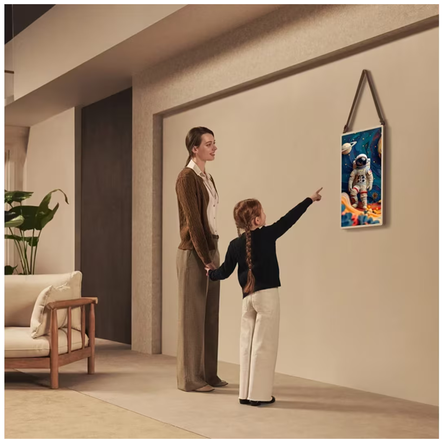 A woman and a child point at a picture of an astronaut in space.