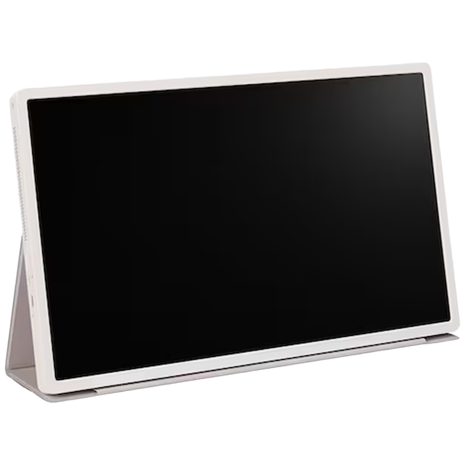 Een witte tablet met zwart scherm, op een standaard.