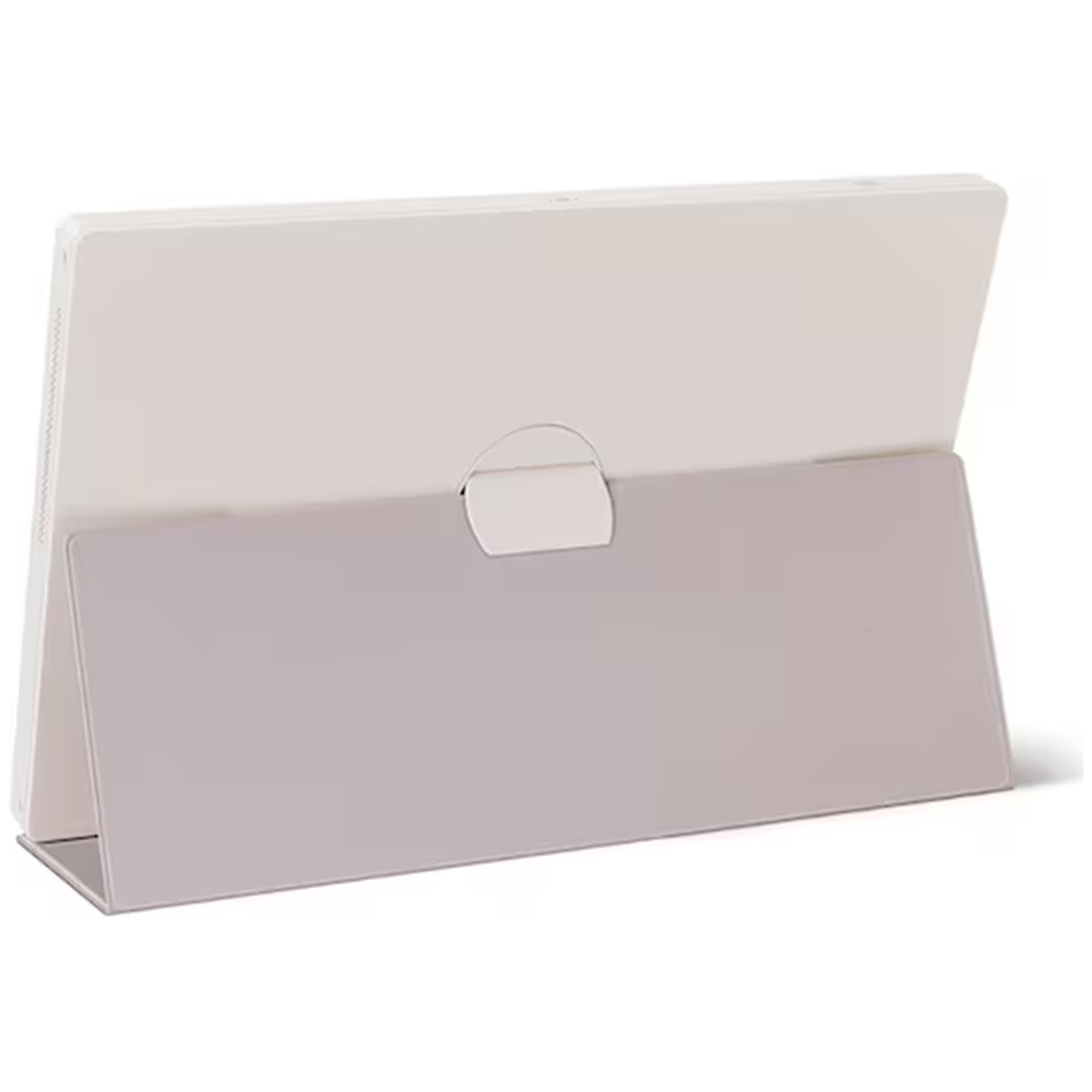 Een witte tablet met een grijze standaard op een witte achtergrond.