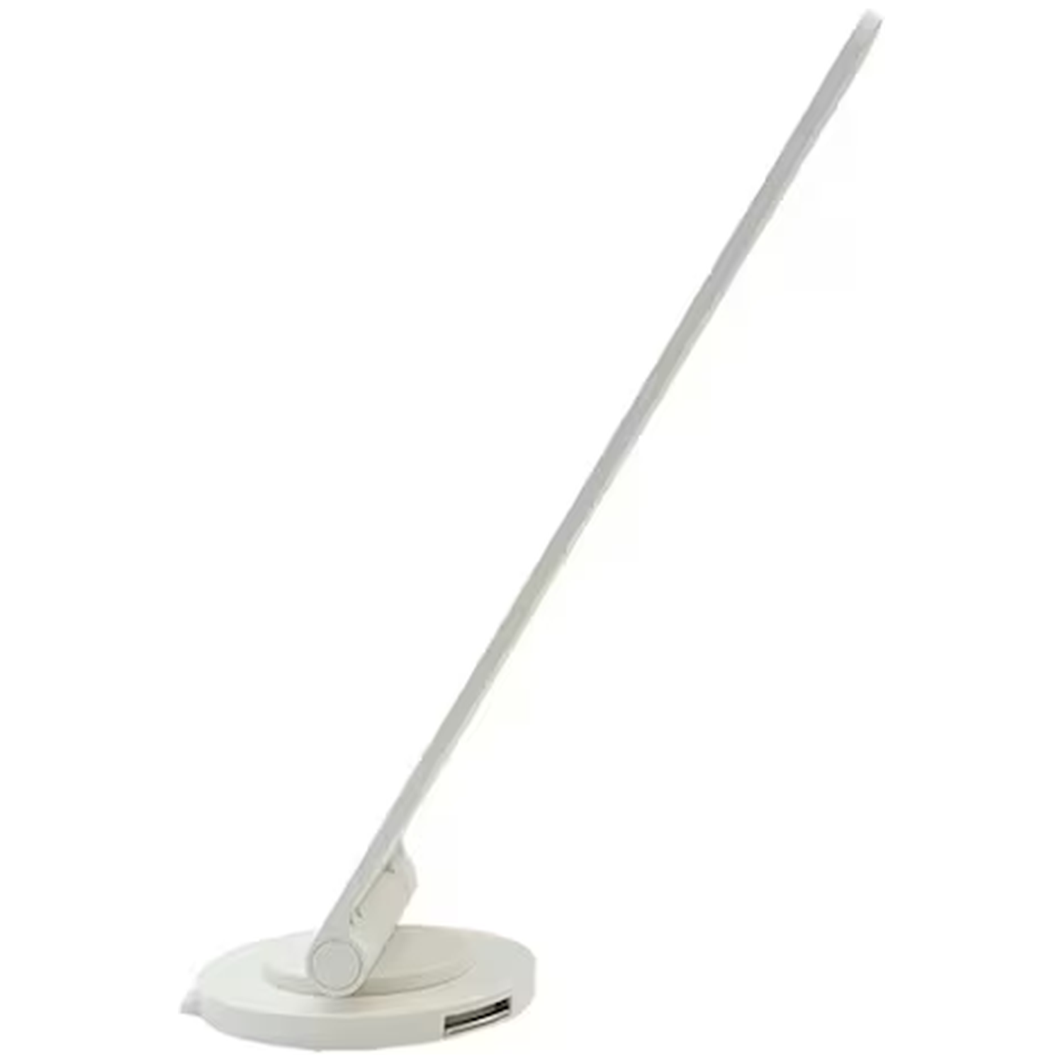 A white desk lamp with a flexible arm and a round base.