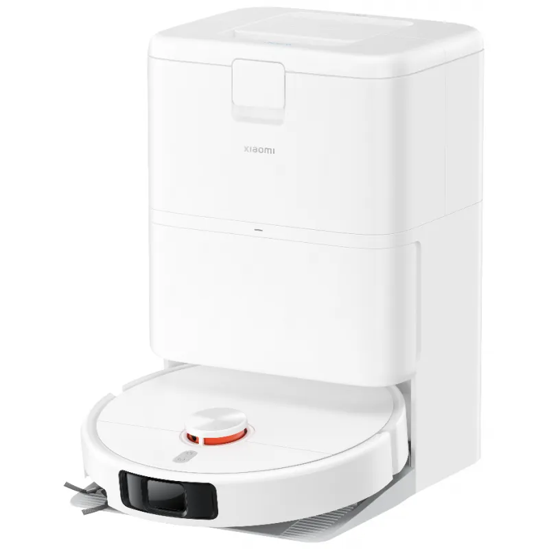 Egy fehér Xiaomi robotporszívó a töltőállomásával.