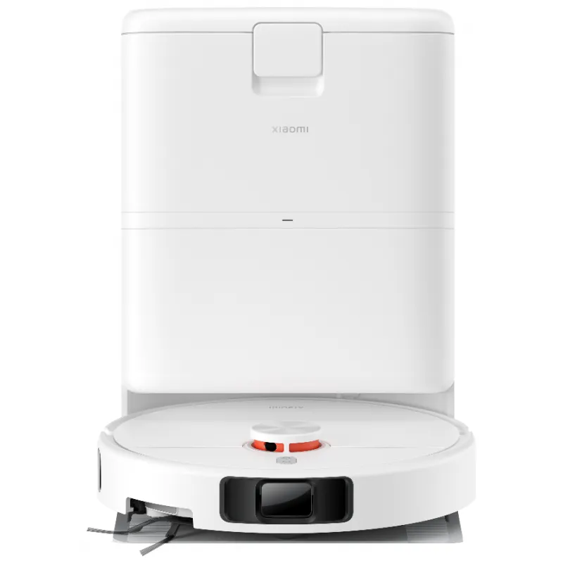 Egy fehér robotporszívó töltőállomással és Xiaomi logóval.