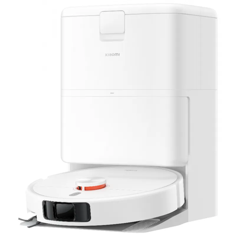 Egy fehér Xiaomi robotporszívó narancssárga díszítéssel a töltőállomásán dokkol.