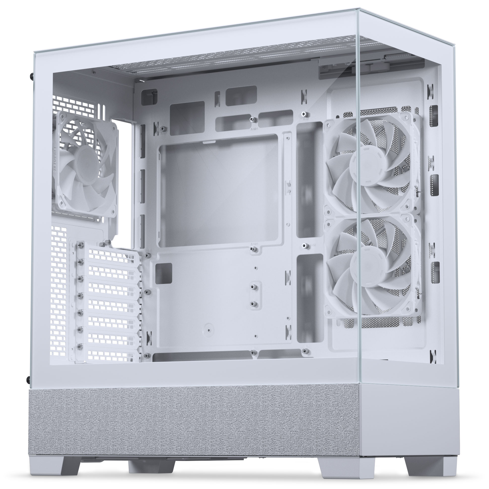 Weißes Computergehäuse mit Glasseitenteil, zwei Frontlüftern und texturierter Basis.