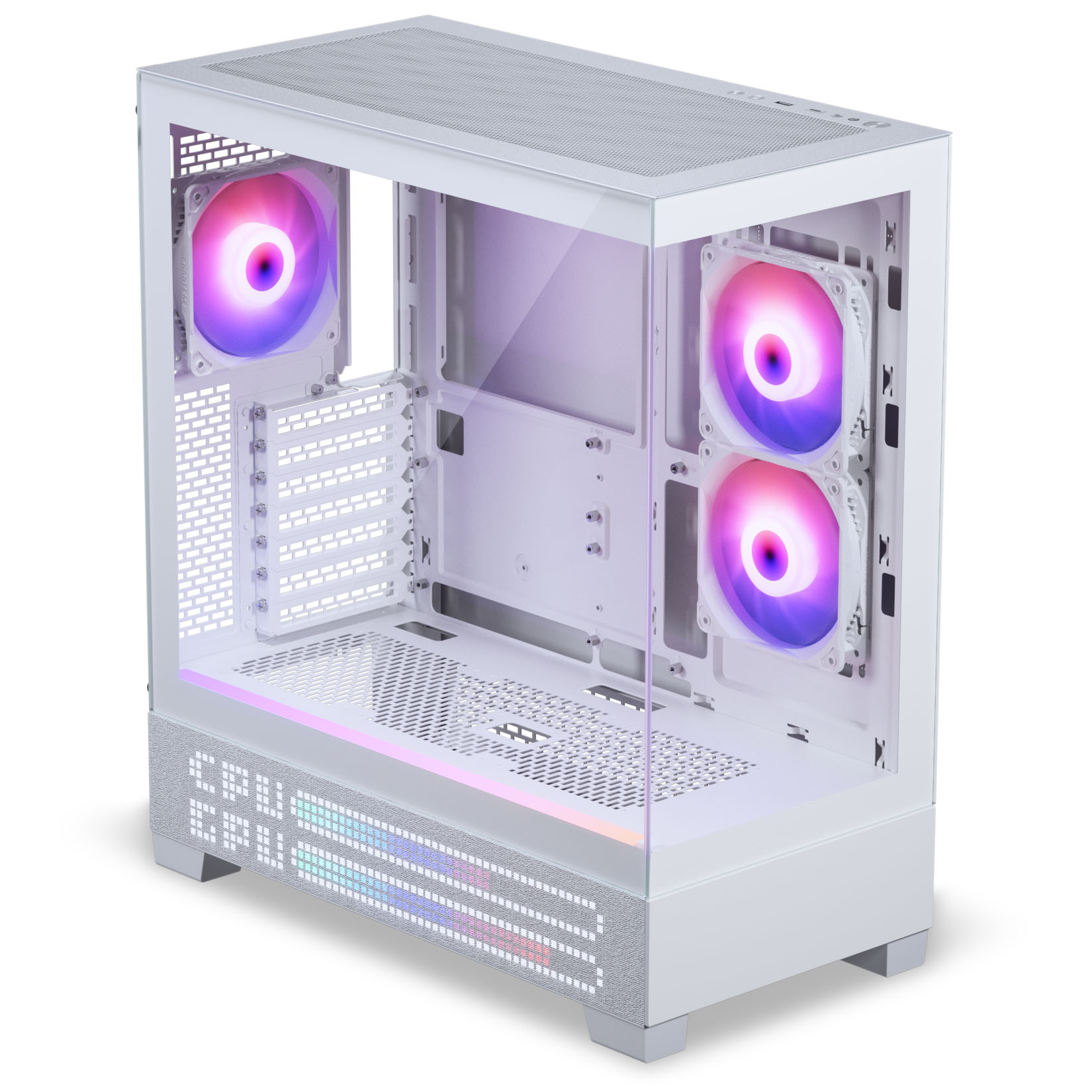Ein weißes Computergehäuse mit RGB-Lüftern und Glasfront.