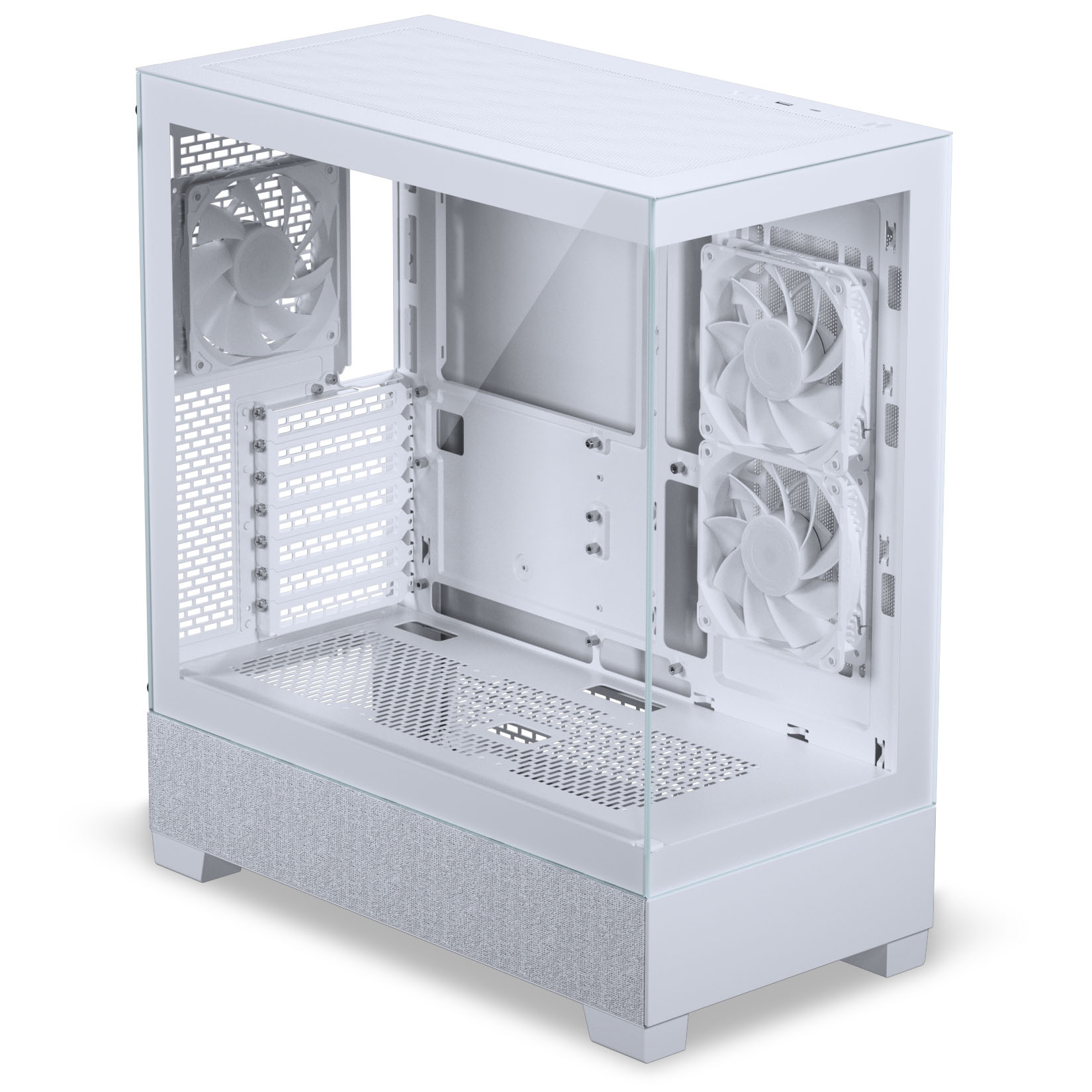 Ein weißes Computergehäuse mit Glasseiten und Lüftern.