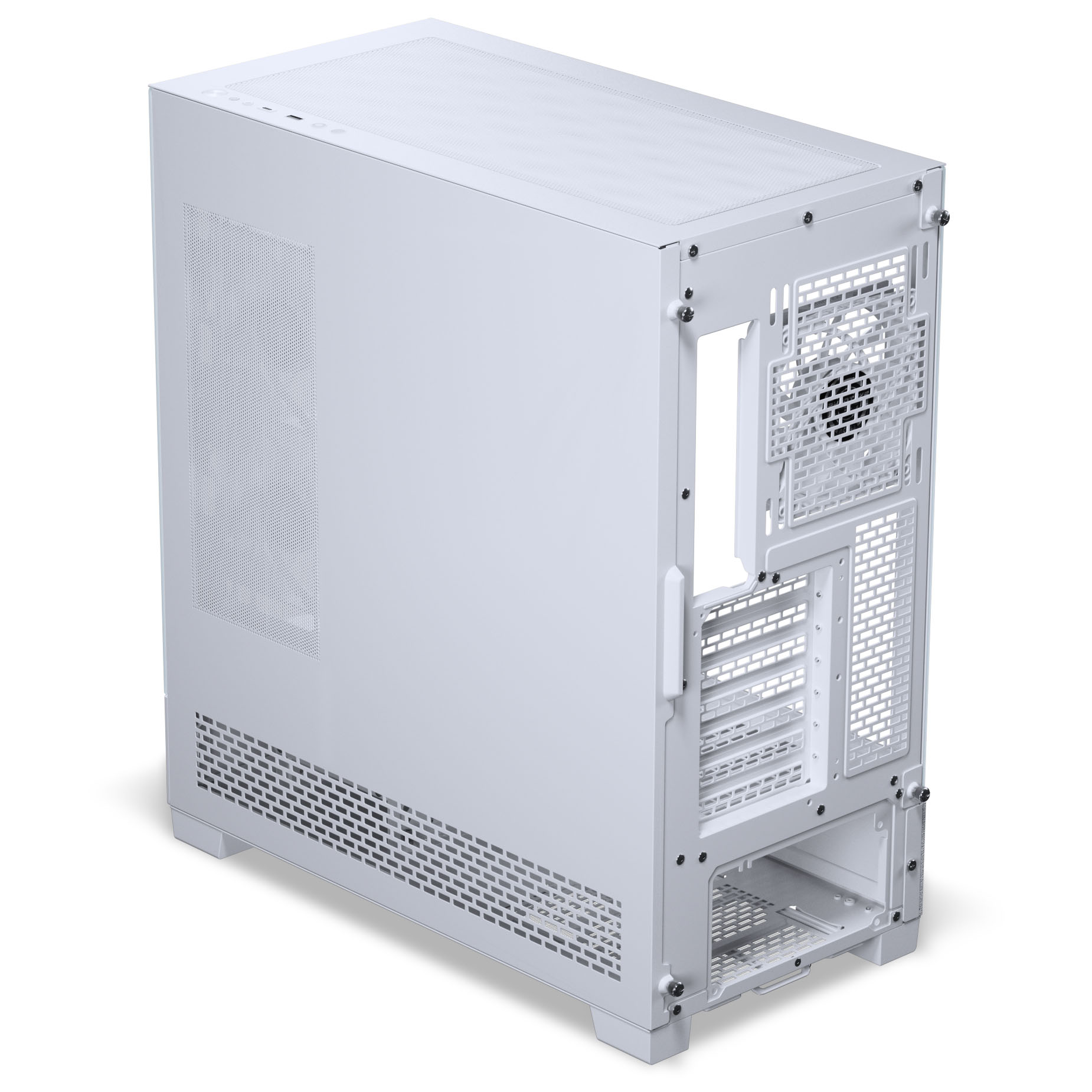 Ein weißes Computergehäuse mit Lüftungsschlitzen und sichtbaren Schrauben.