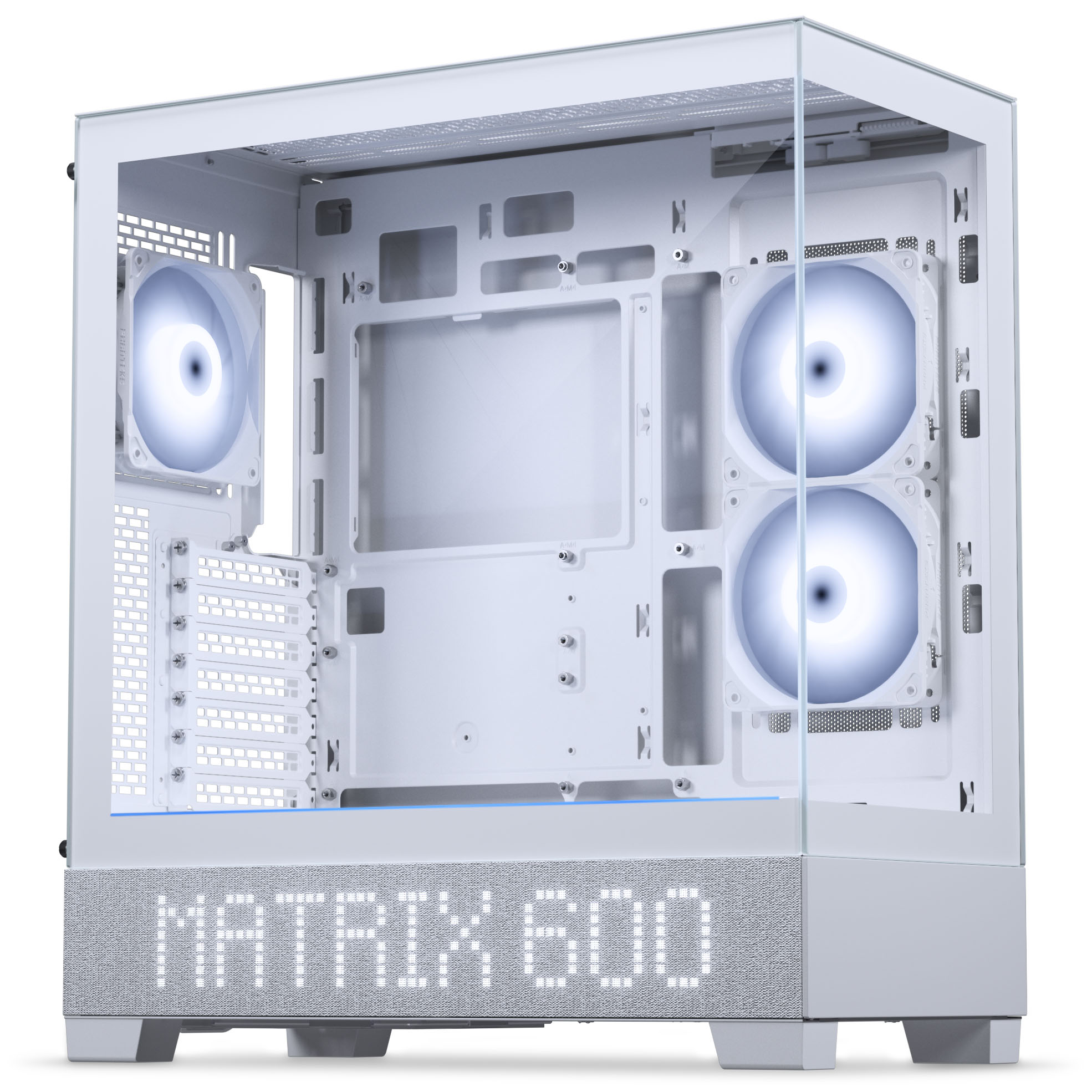 Ein weißes Computergehäuse mit Glasfront, drei beleuchteten Lüftern und "MATRIX 600"-Logo.