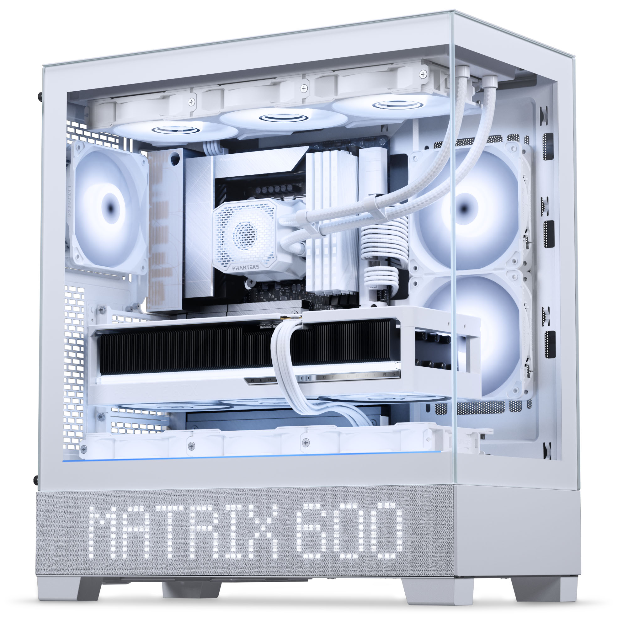 Weißes PC-Gehäuse mit leuchtenden Lüftern, Grafikkarte und Textanzeige „MATRIX 600“.