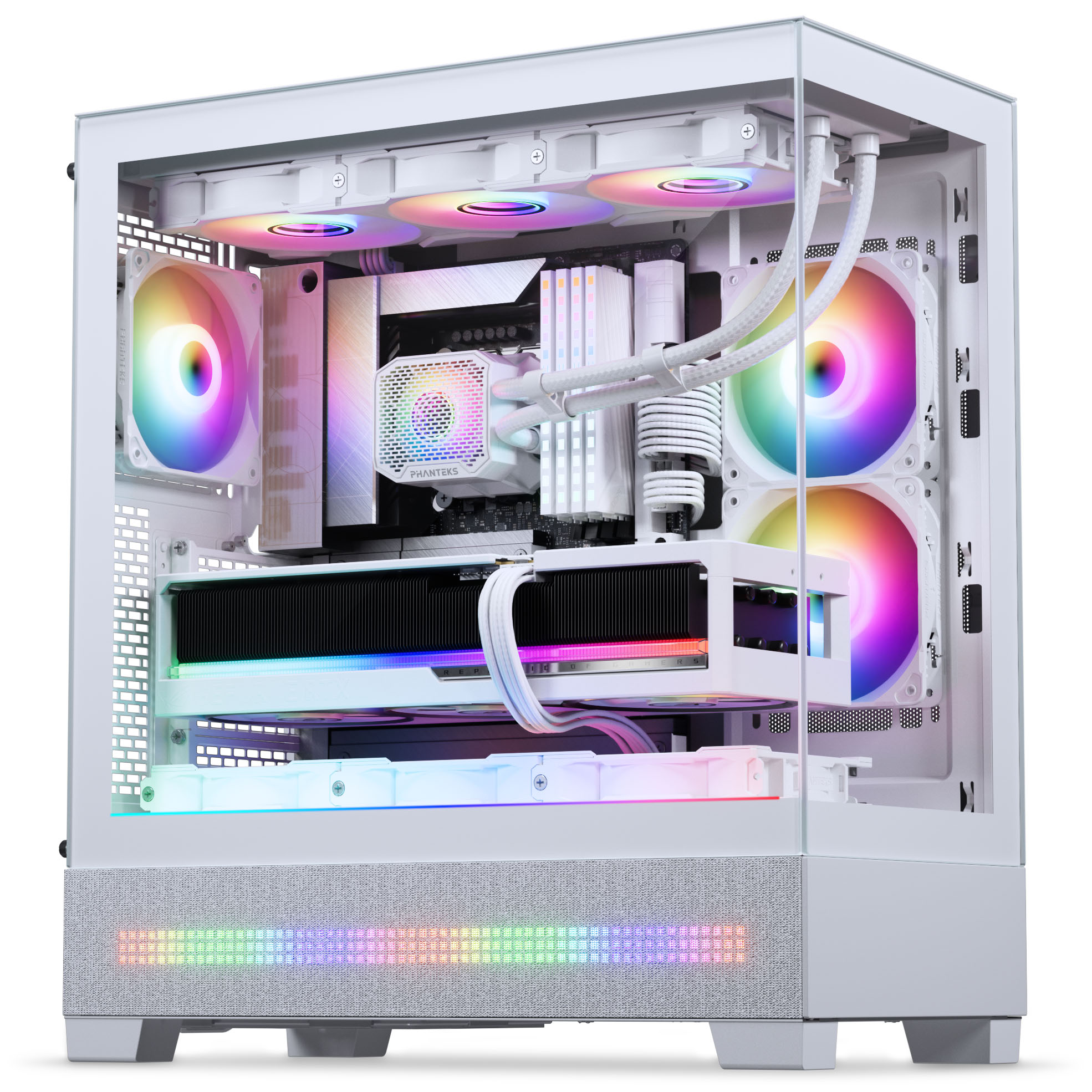 Ein weißes Computergehäuse mit bunten RGB-Lüftern und Komponenten.