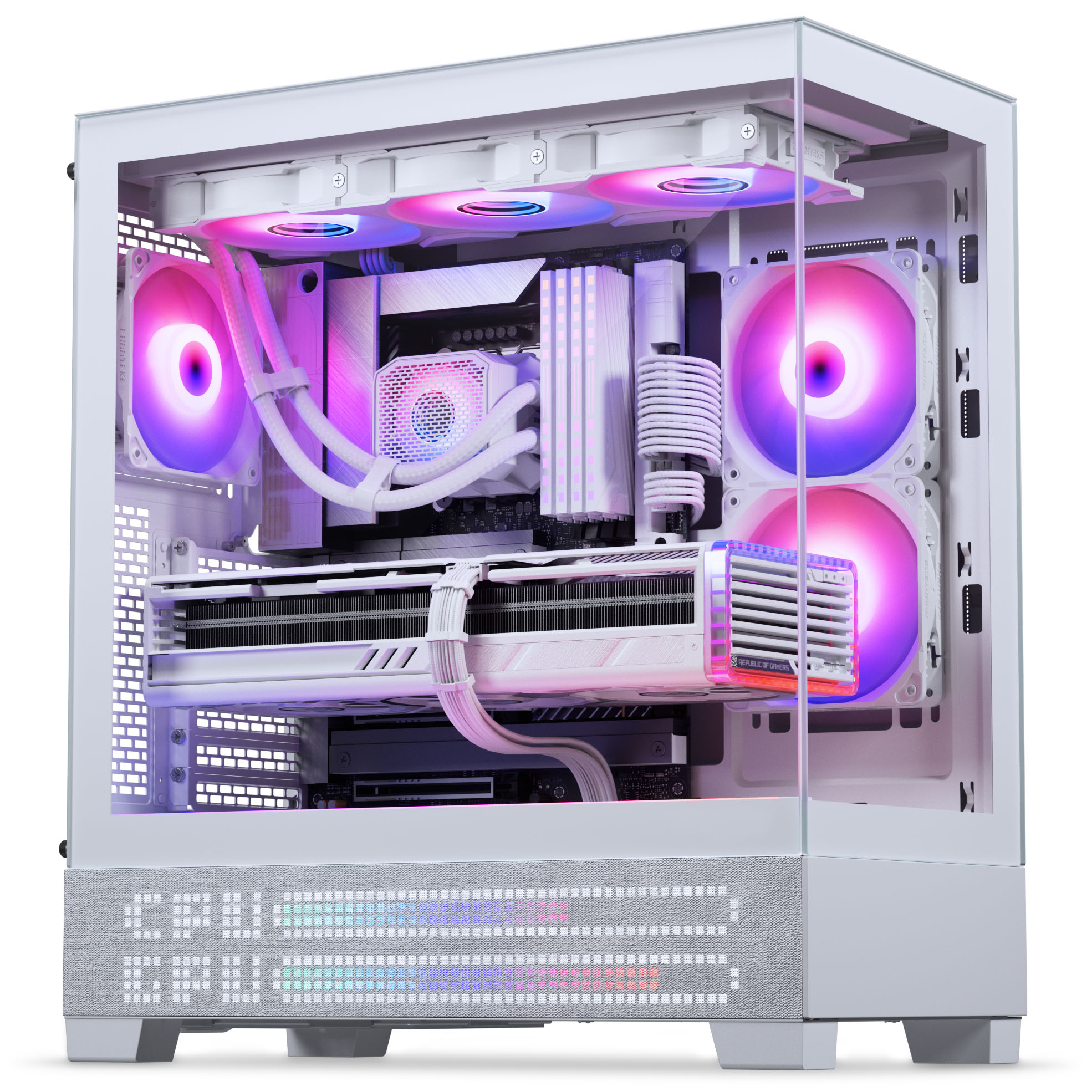 Ein weißer PC mit RGB-Lüftern und sichtbaren internen Komponenten.