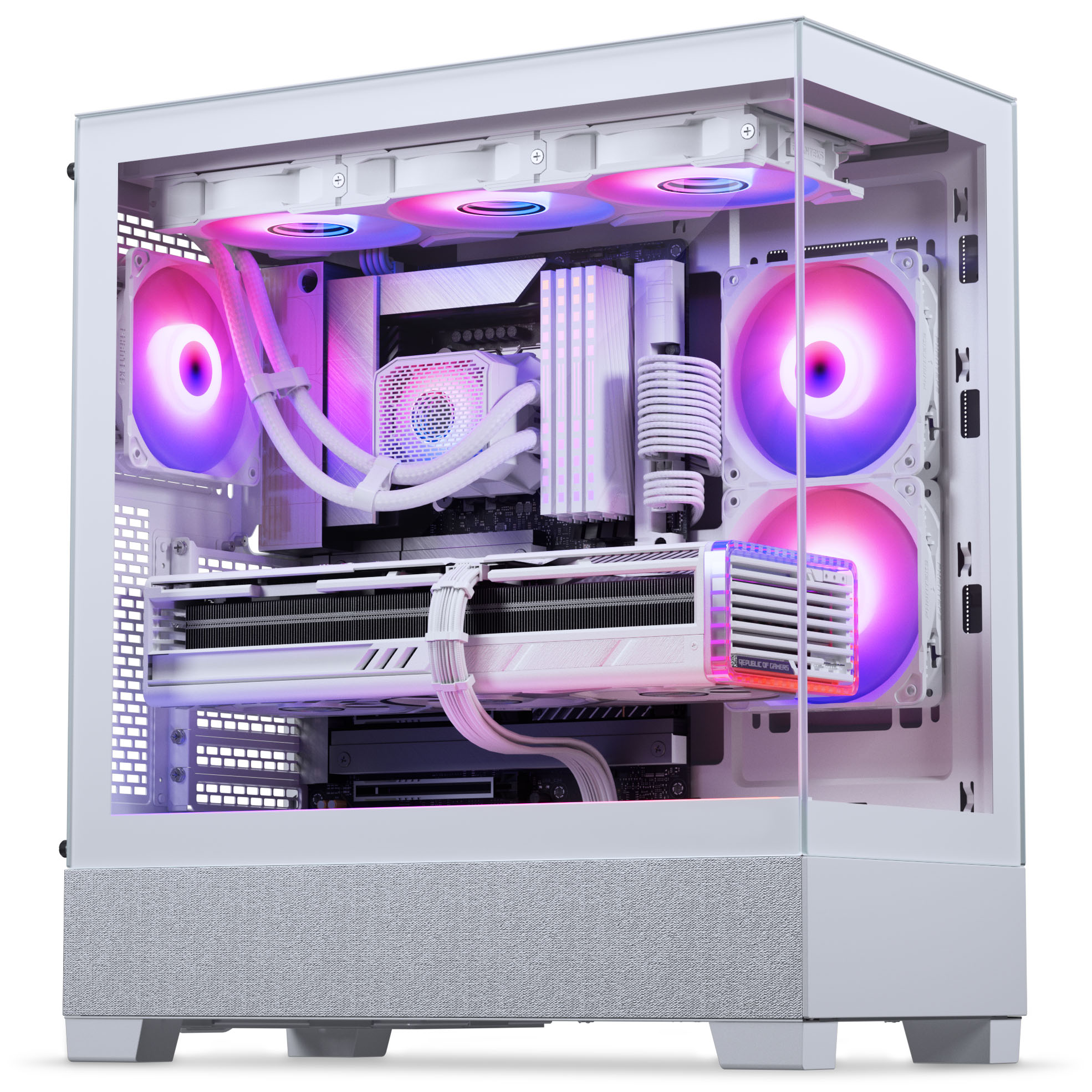 Ein weißes PC-Gehäuse mit RGB-Lüftern, Wasserkühlung und weißer Grafikkarte.
