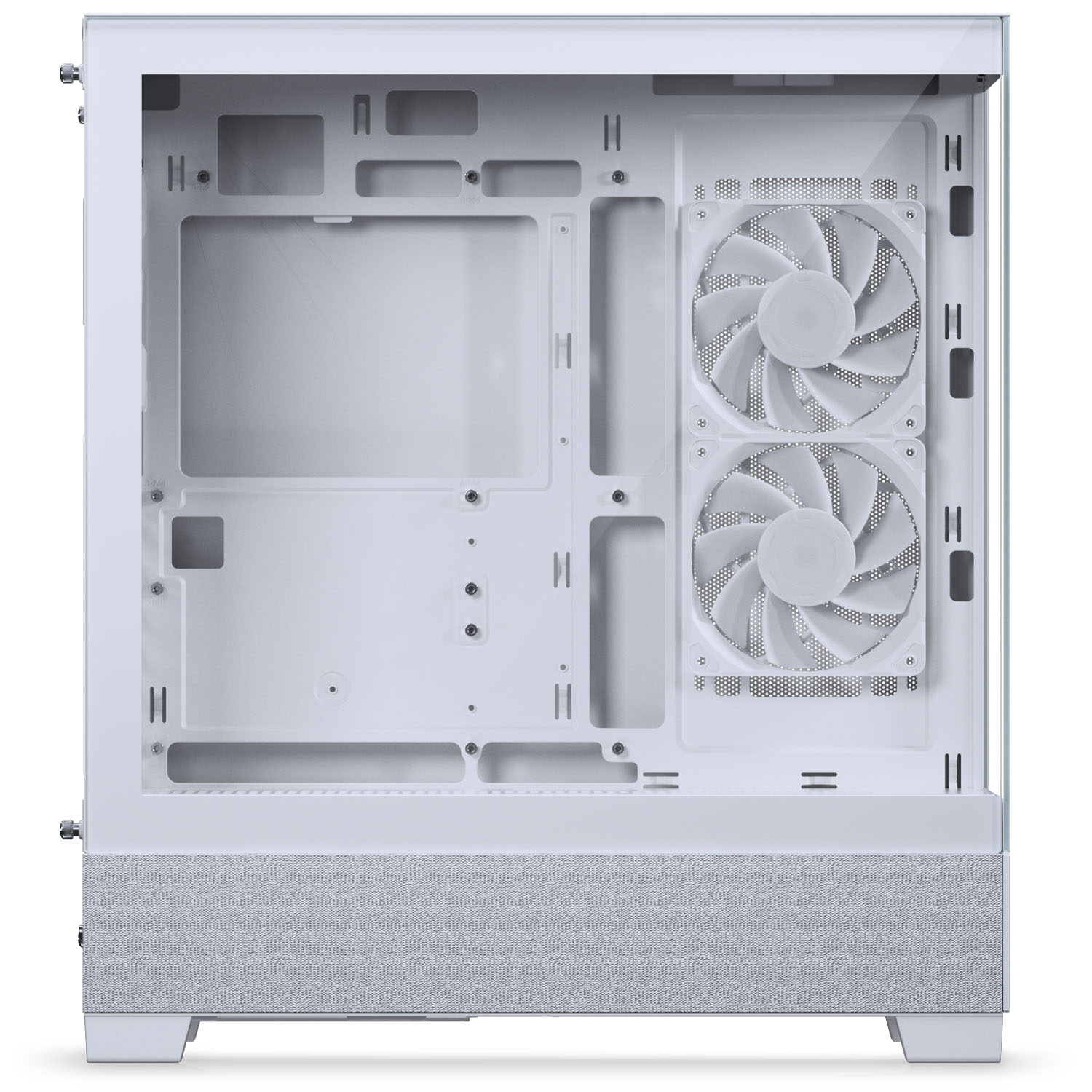 Ein weißes Computergehäuse mit zwei weißen Lüftern und einem strukturierten Frontpaneel.