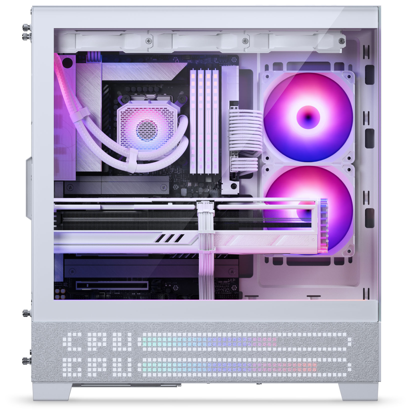 Ein weißer PC-Innenraum mit RGB-Lüftern und Kabeln, beleuchtet in Lila und Rosa.
