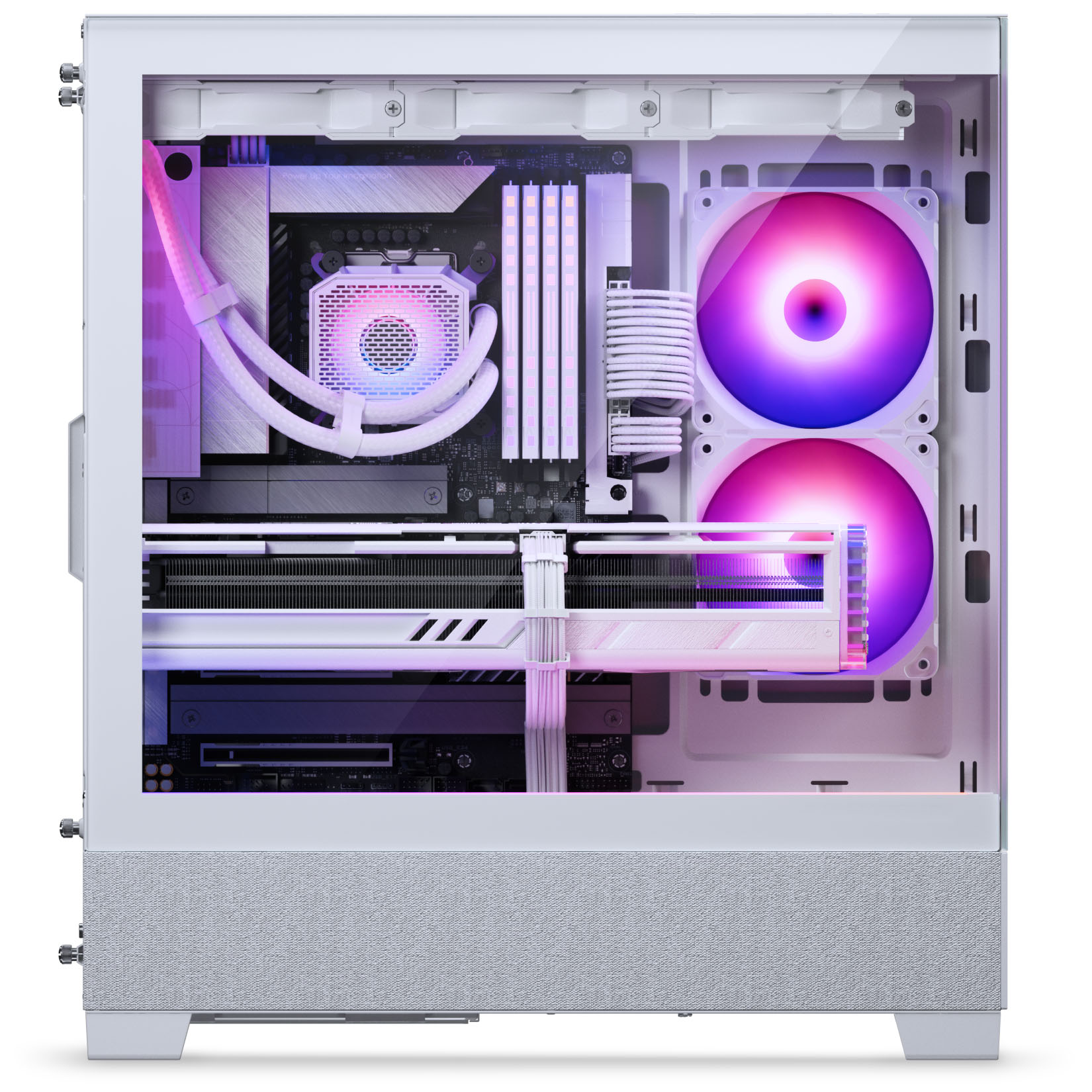 Ein weißer PC mit RGB-Beleuchtung, Wasserkühlung und Lüftern.