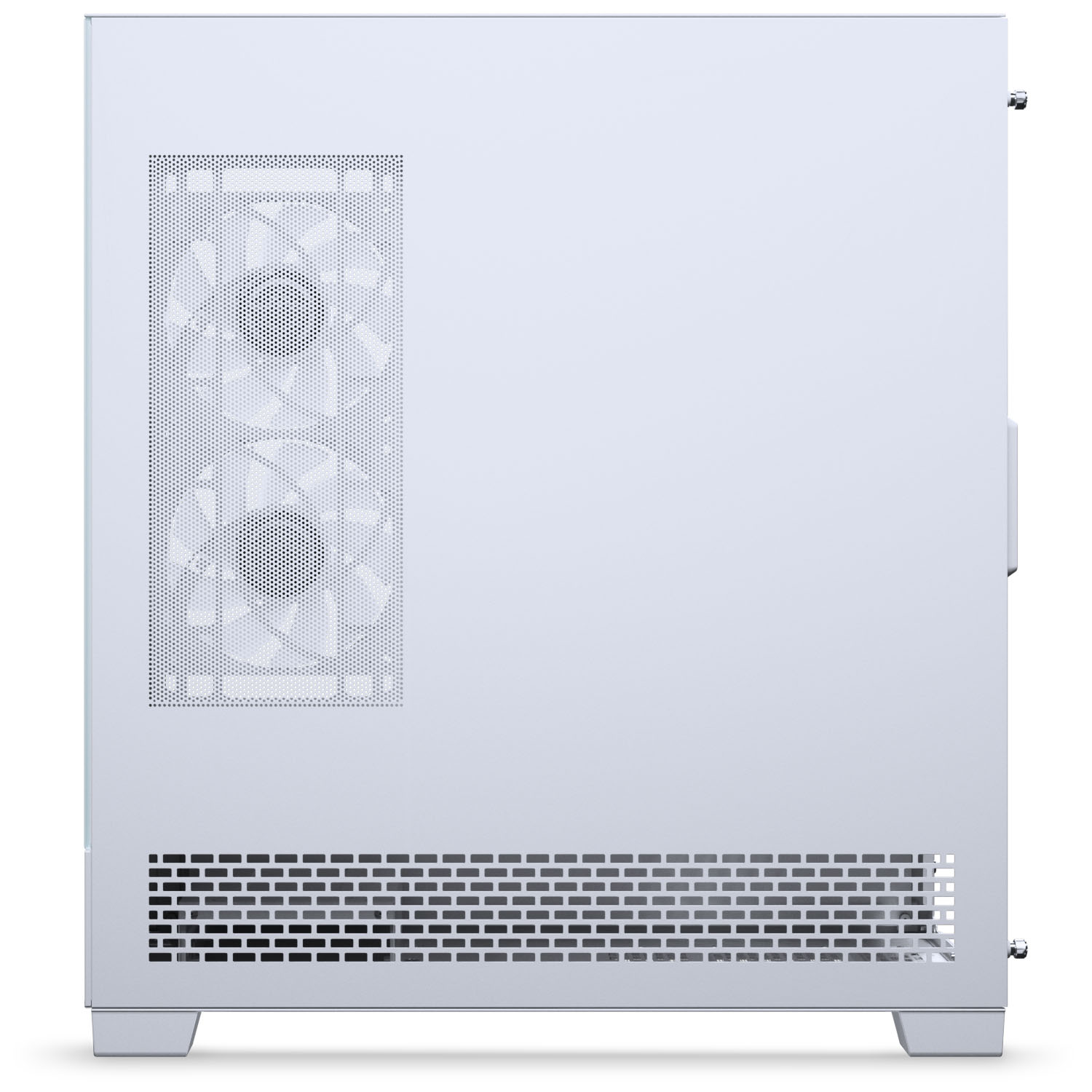 Ein weißes Computergehäuse mit Lüftern und Lüftungsschlitzen.