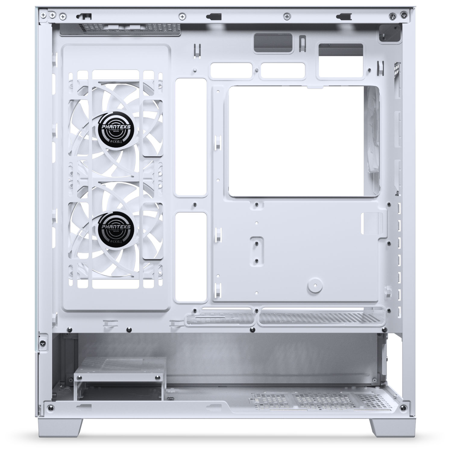 Innenansicht eines weißen Computergehäuses mit zwei Lüftern und Installationsschächten.