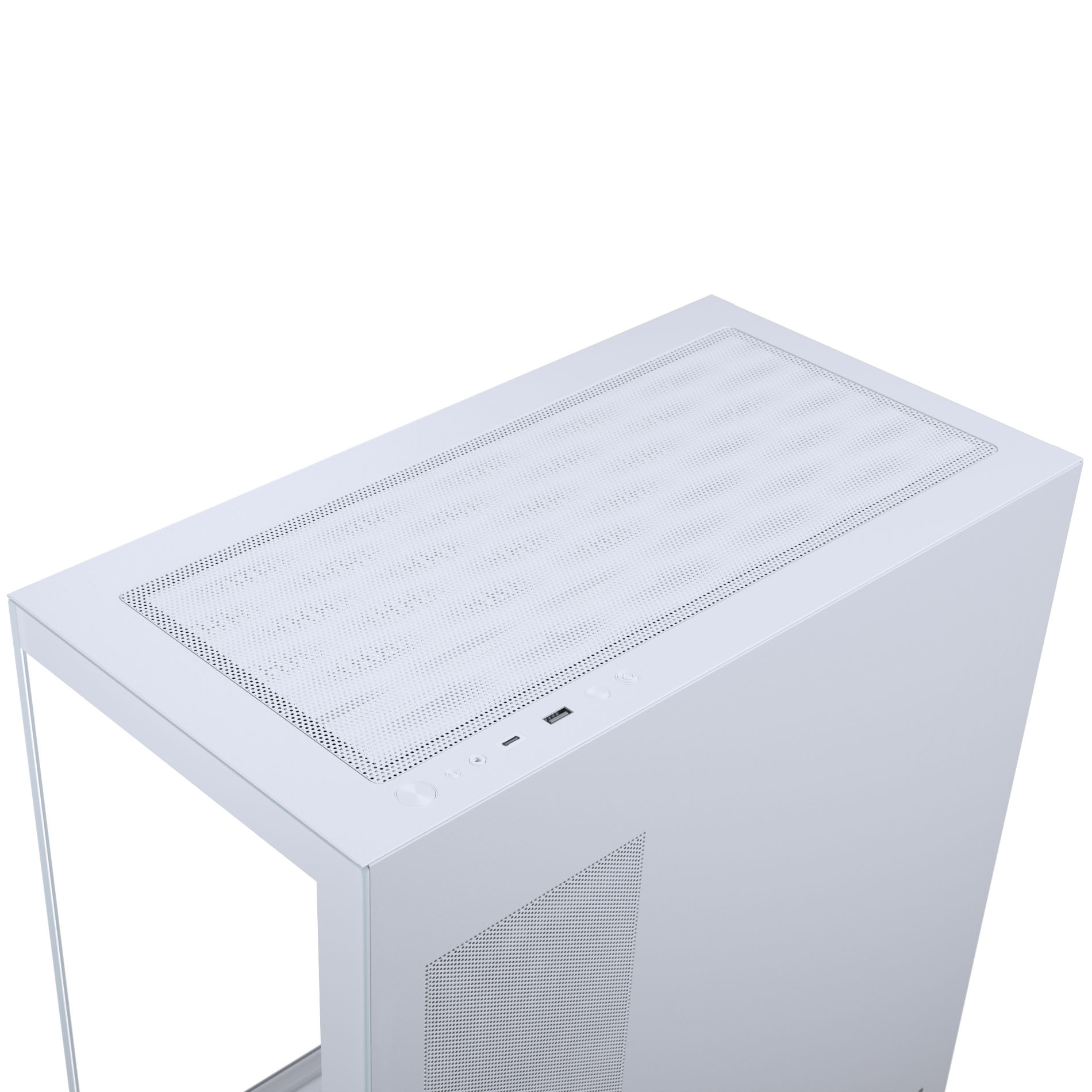 Weißes Computergehäuse mit Lufteinlassgitter oben und an der Vorderseite.