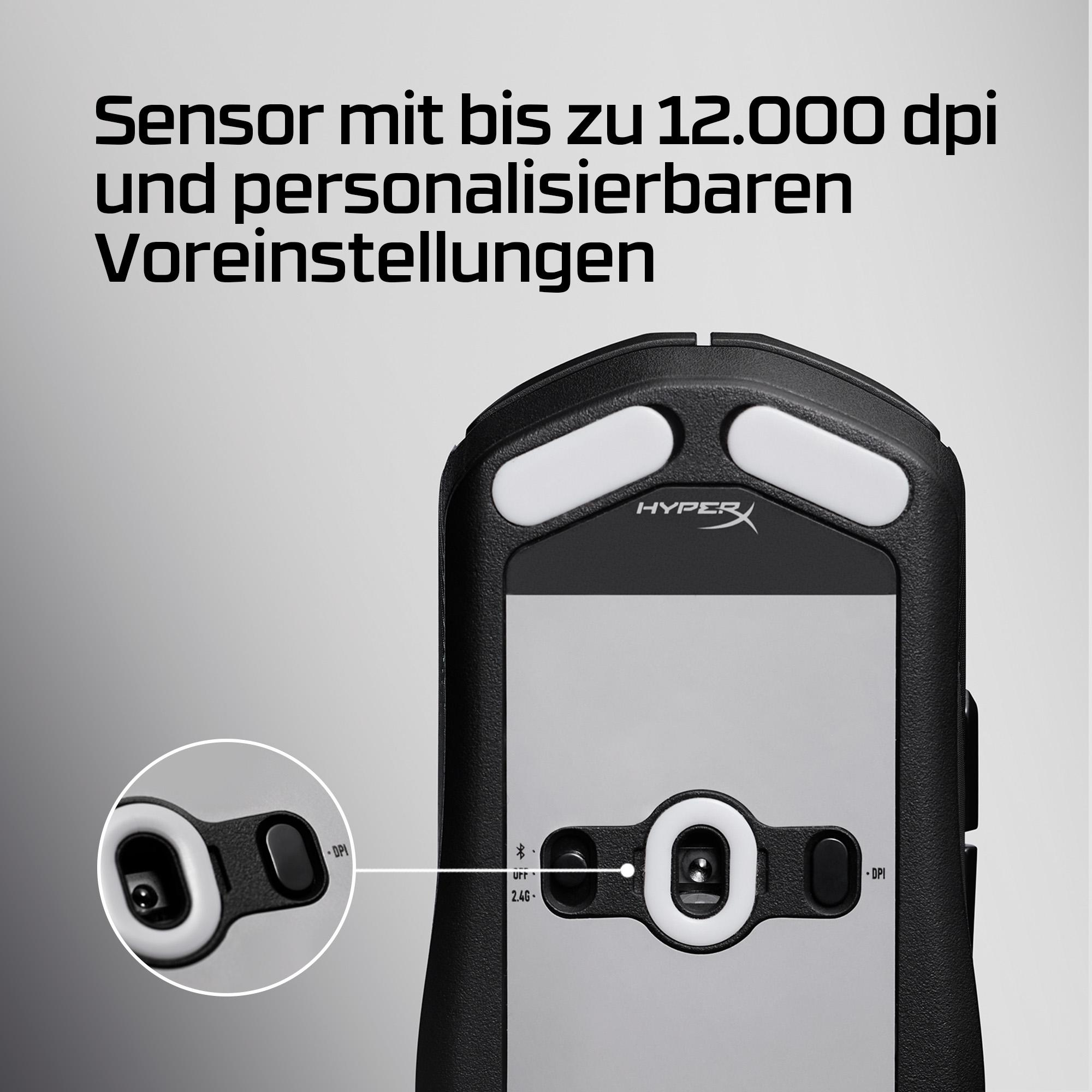 Ein schwarzer Gaming-Maus-Sensor mit 12.000 dpi und personalisierbaren Einstellungen.