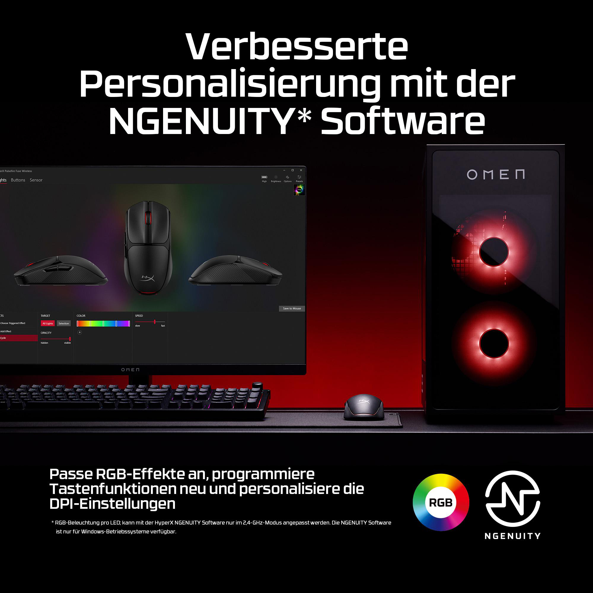 Ein Gaming-PC mit roter Beleuchtung, ein Monitor zeigt eine Maus-Software, eine Tastatur und eine Maus.