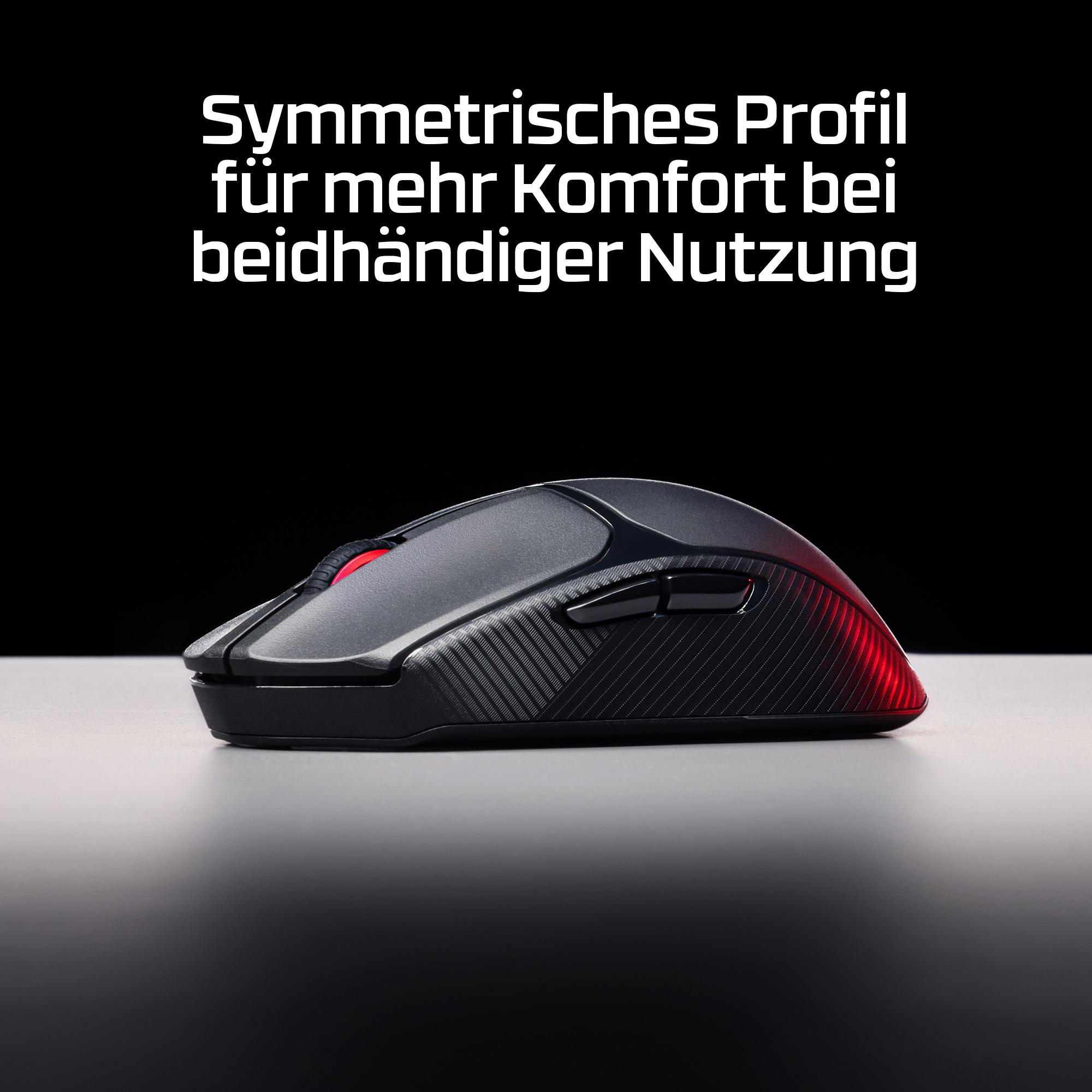 Schwarze Maus mit roten Akzenten auf hellem Untergrund