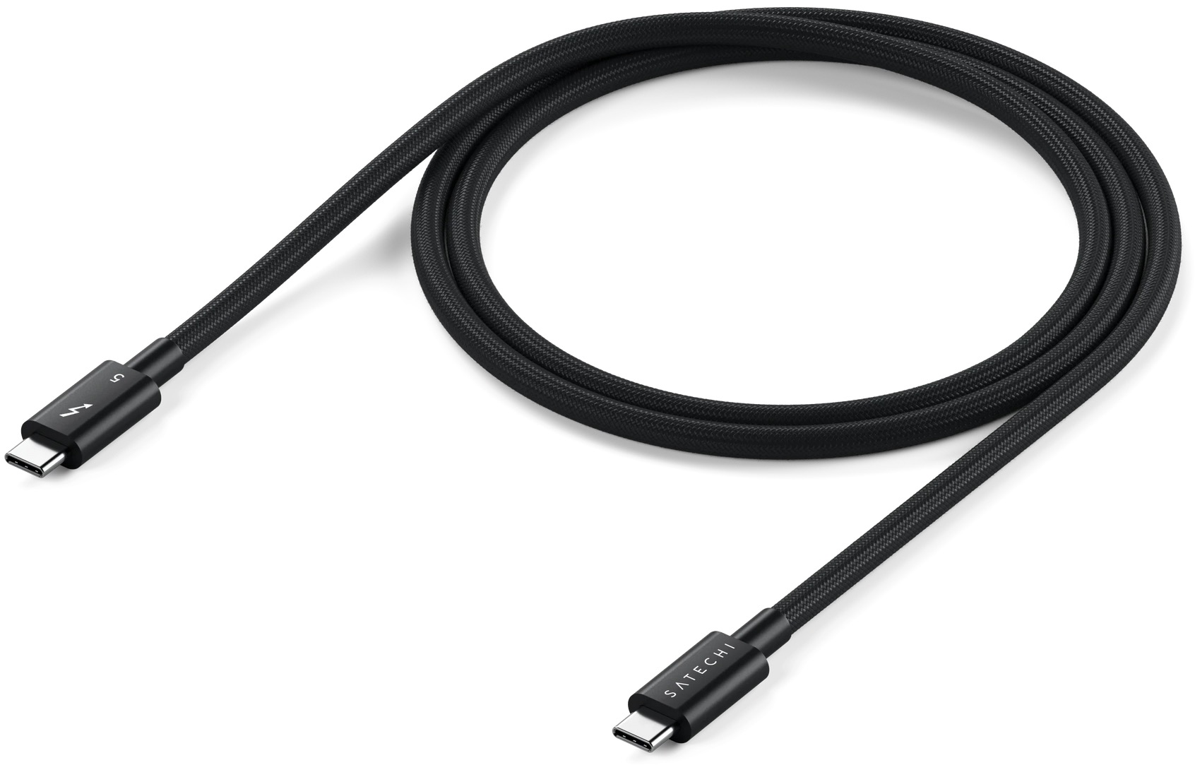Un câble Thunderbolt noir avec connecteurs USB-C repose sur fond blanc.
